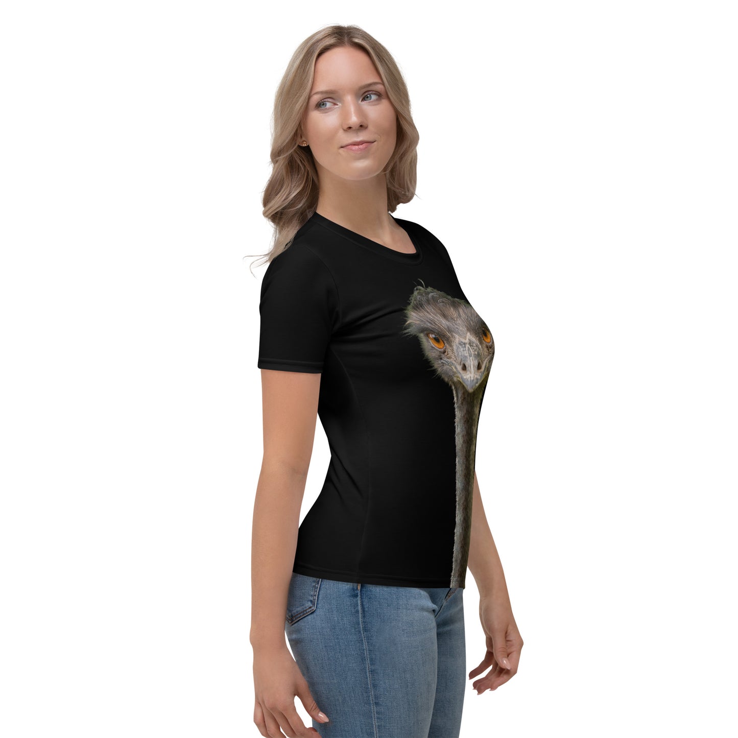 Female model wearing a black all over print novelty T-shirt with an Emu head and neck printed on the front and back, right side view