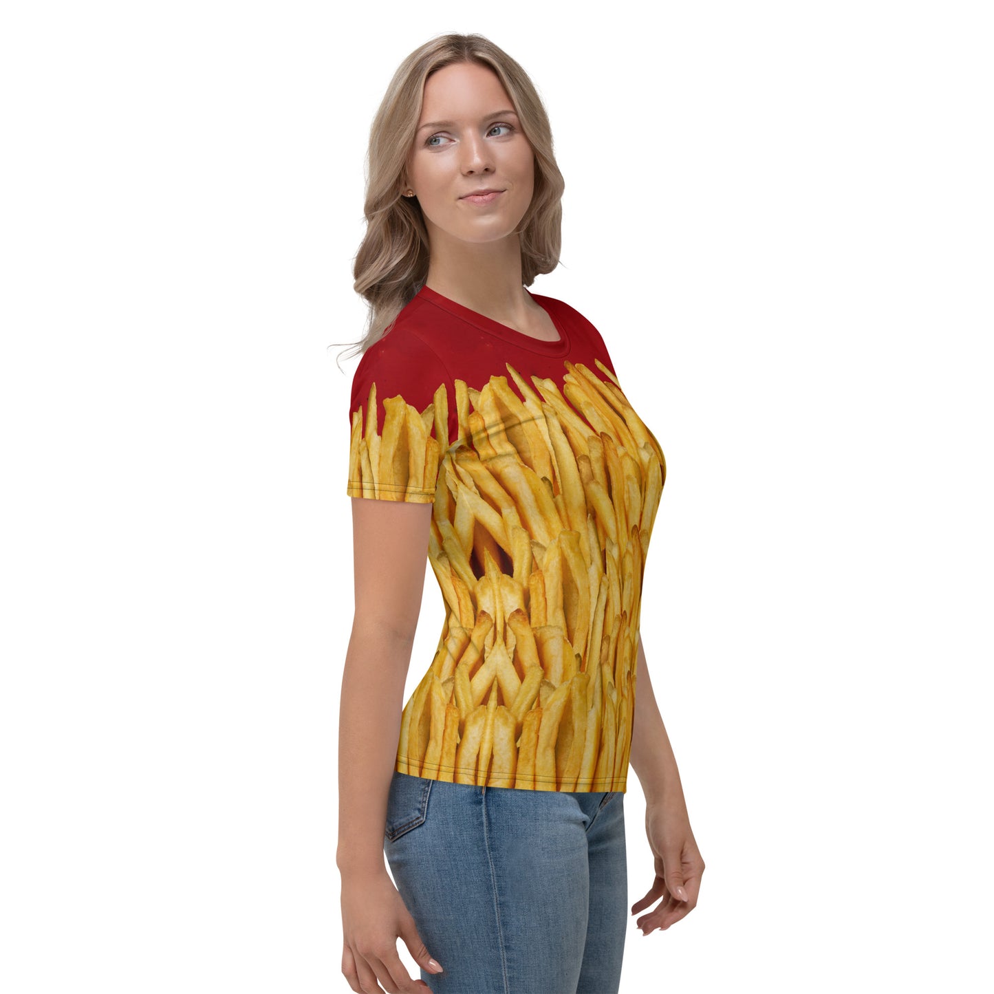 Women's French fries and ketchup all over print T-shirt, right side view.