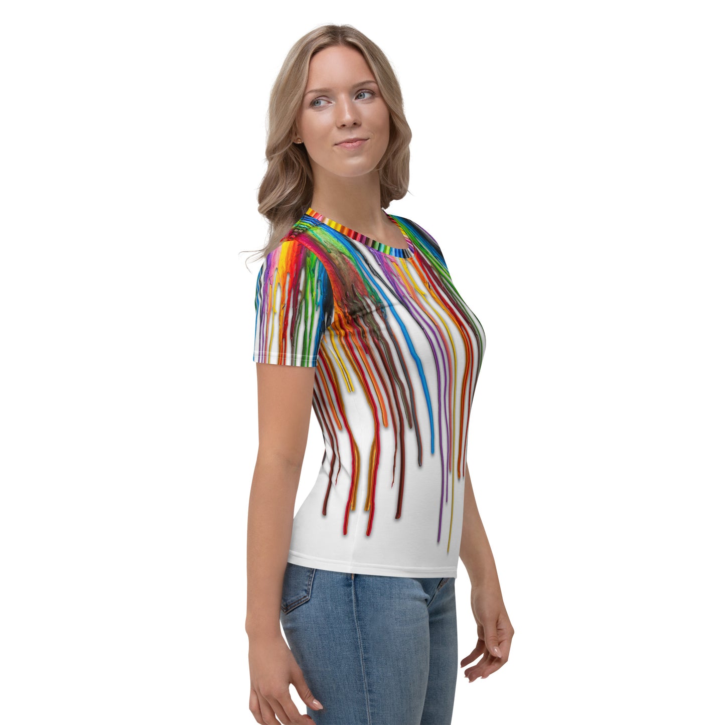 Young woman wearing an All over print Melted Crayons Dripping down the shirt T-shirt, right side.