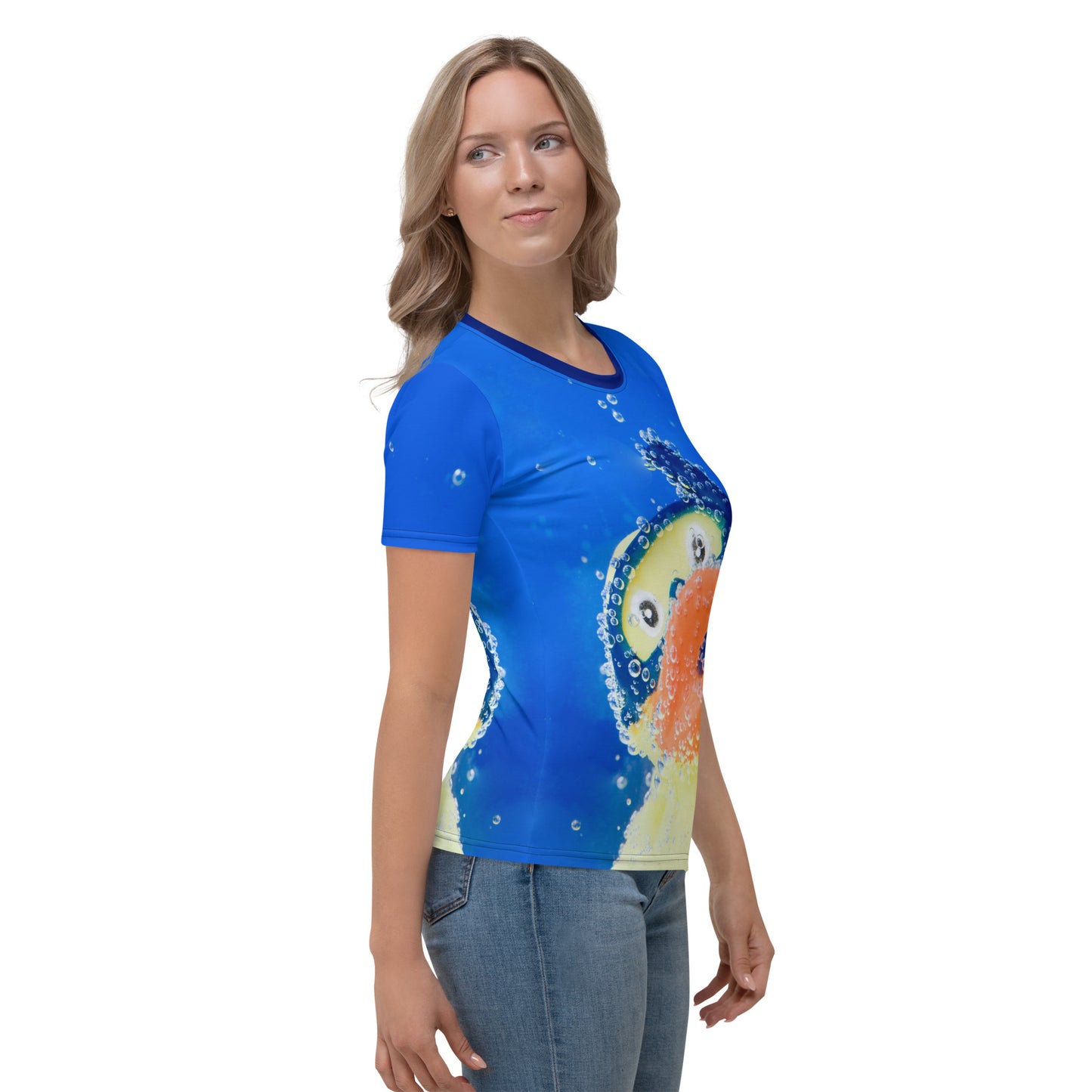 Young woman wearing an all over print Rubber Duck Snorkelling Underwater T-shirt, right side.