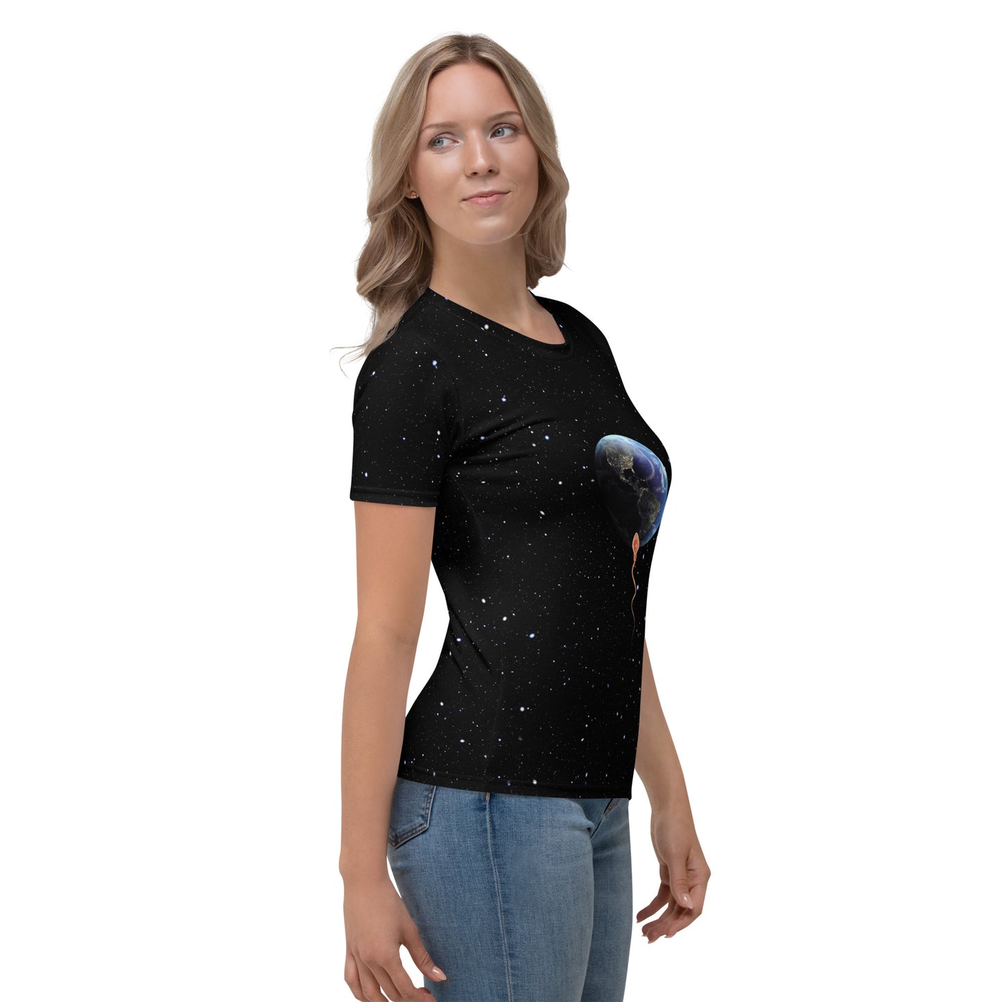 Young woman wearing a Save the Planet All Over Print T-shirt with a sperm trying to penetrate Planet Earth, right side.