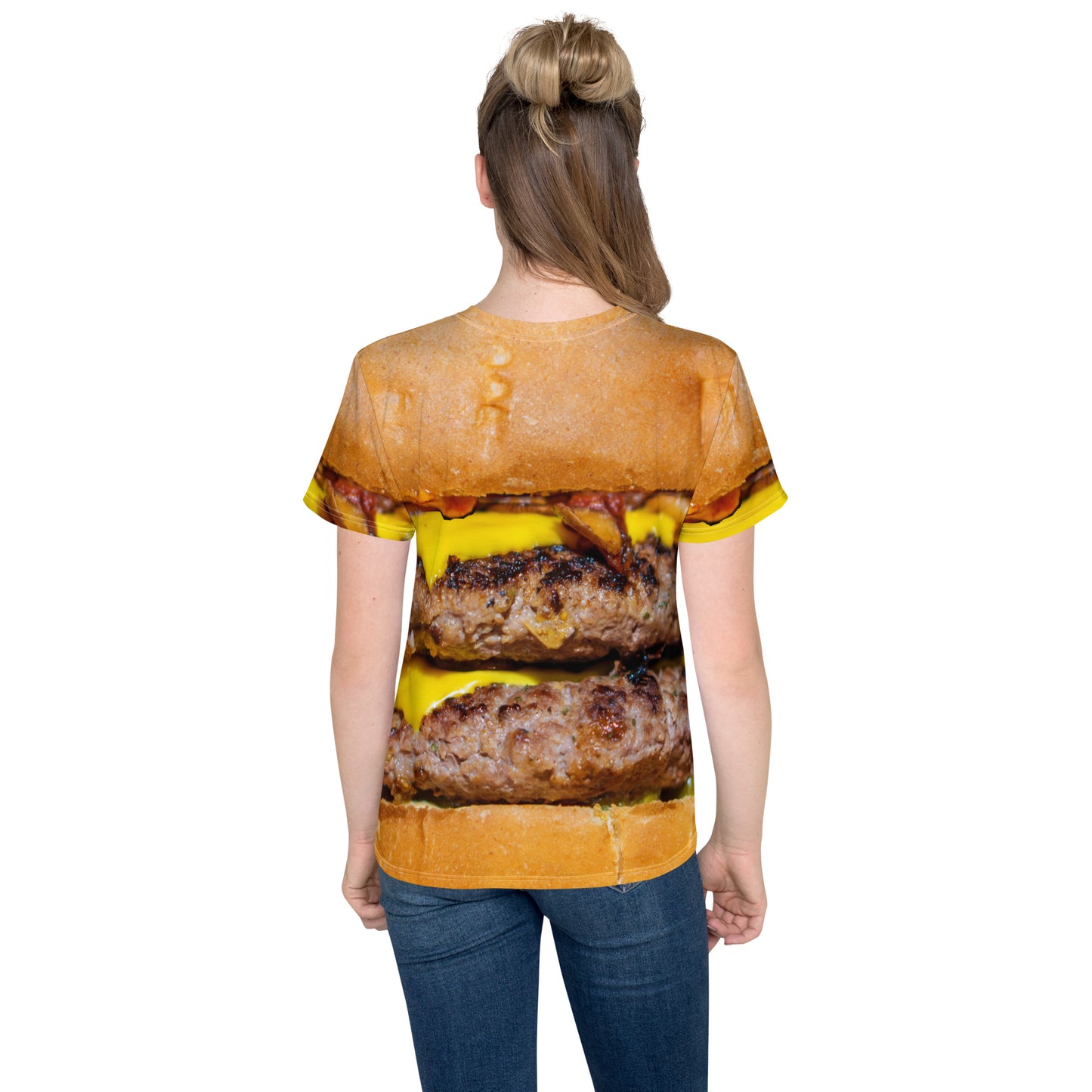 Teenage girl wearing Cheeseburger all over print T-shirt, rear view