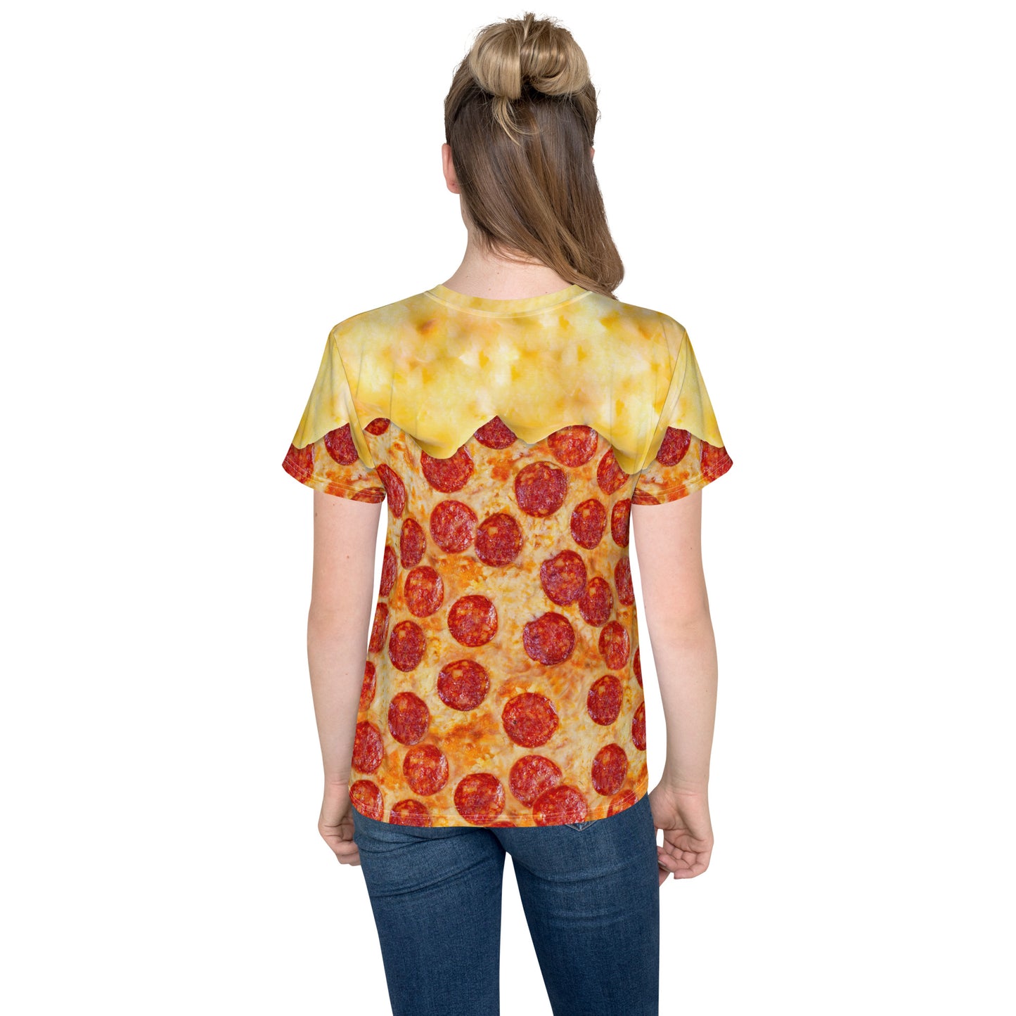 Pepperoni pizza all over print t-shirt with cheese melting over the shoulders, teenage girl model, back view