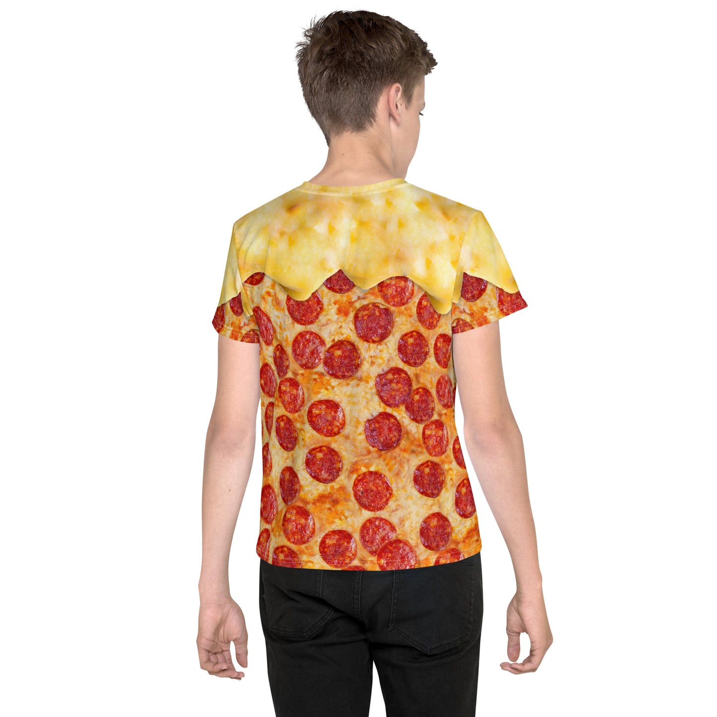 Teenage boy wearing a pepperoni pizza all over print t-shirt with cheese melting over his shoulders, rear view