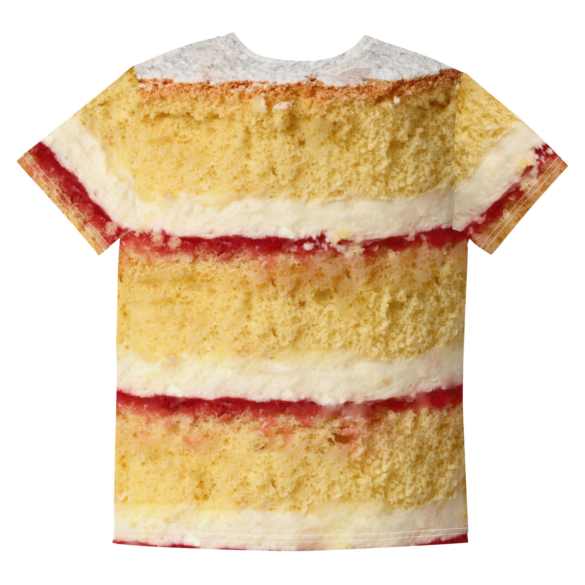 Youth Victoria Sponge Cake layers all over print T-shirt laid flat back view