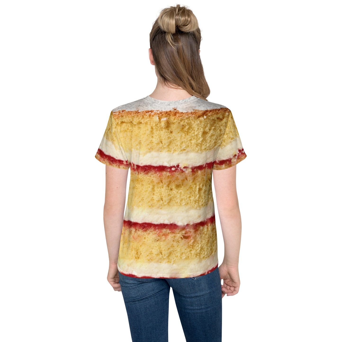 Teenage girl wearing a Youth Victoria Sponge Cake layers all over print T-shirt rear view