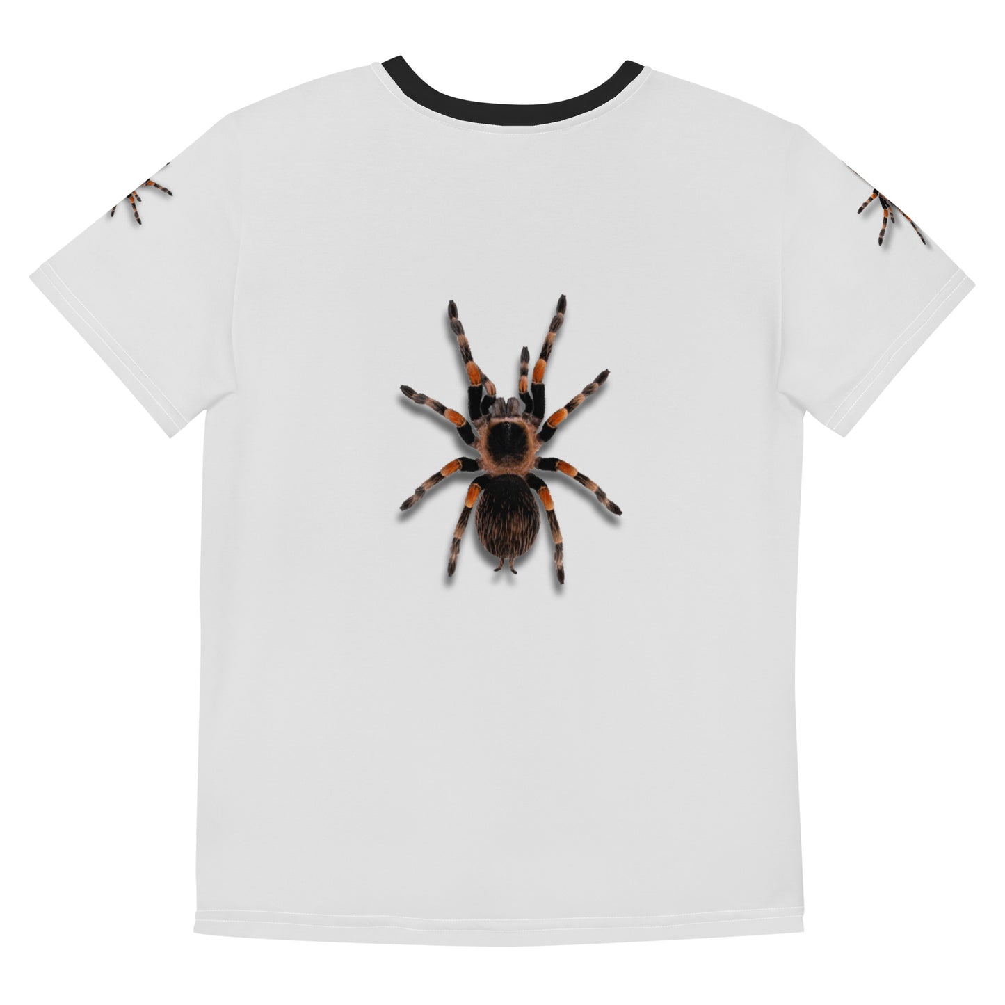 3D monochrome white Tarantula spider T-shirt with black collar, laid flat, rear view.