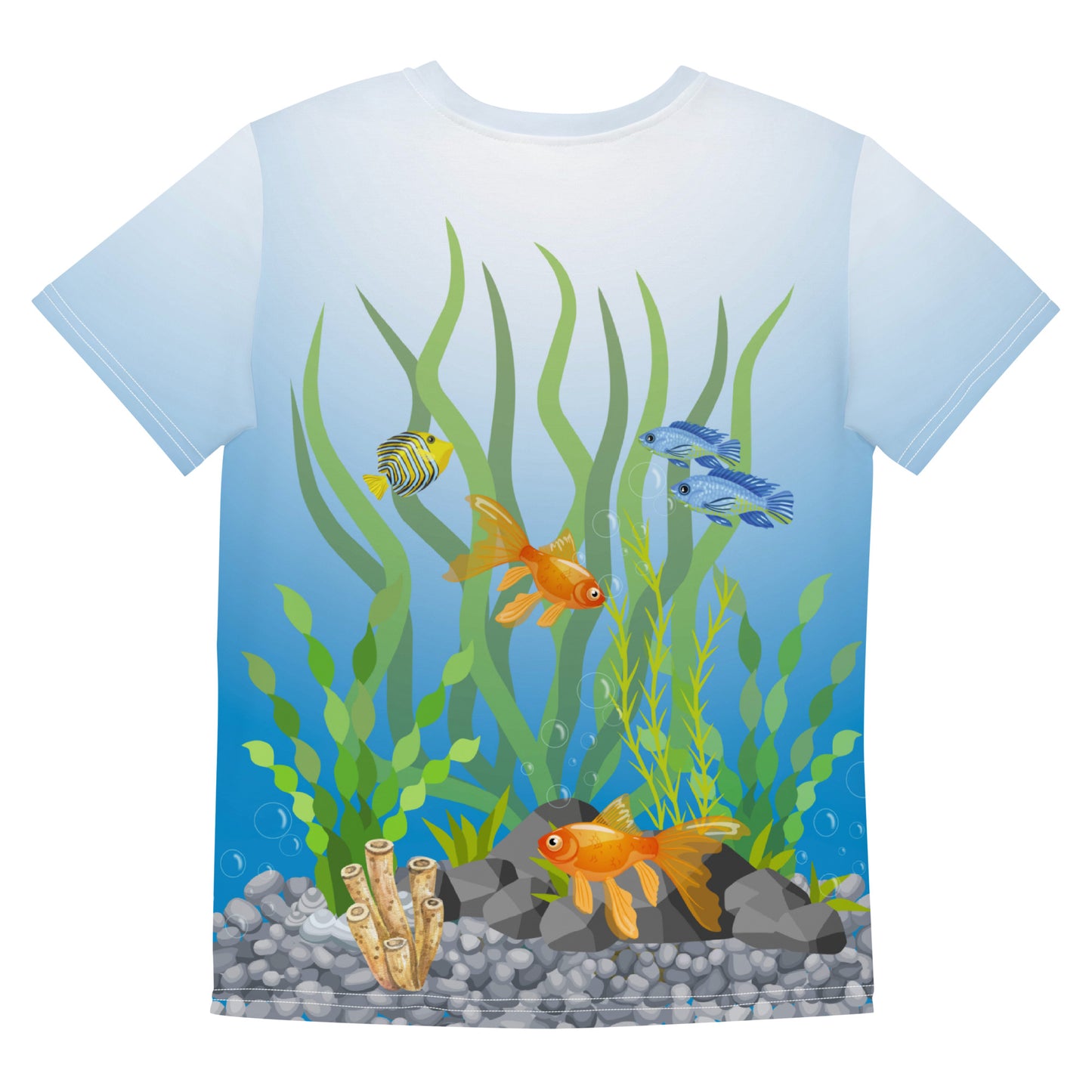 All over print tropical fish aquarium scene T-shirt, laid flat, back view.