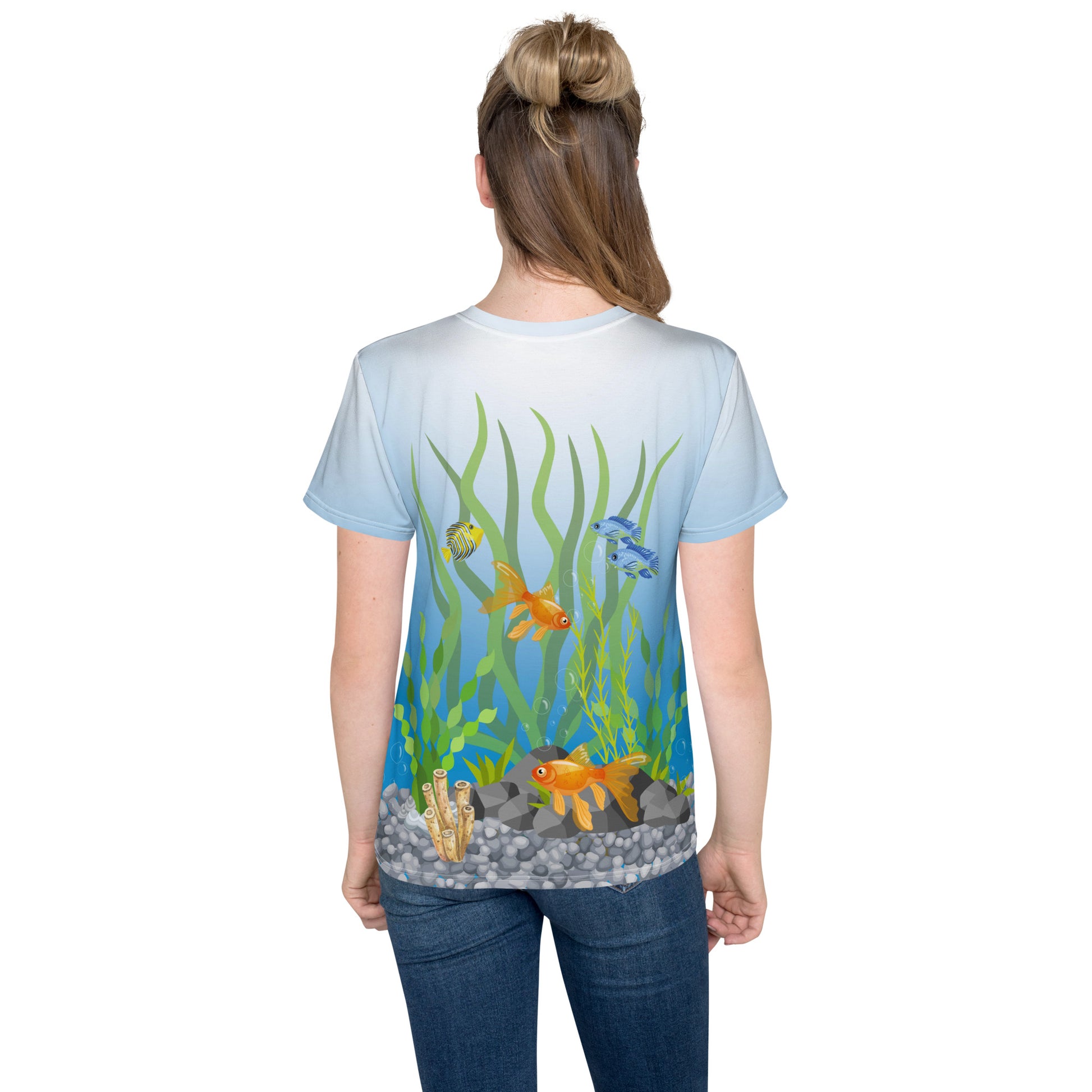 Teenage girl wearing an all over print tropical fish aquarium scene T-shirt, rear view.