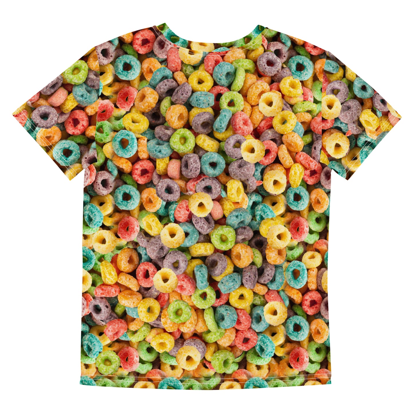 Fruity cereal hoops all over print T-shirt laid flat rear view