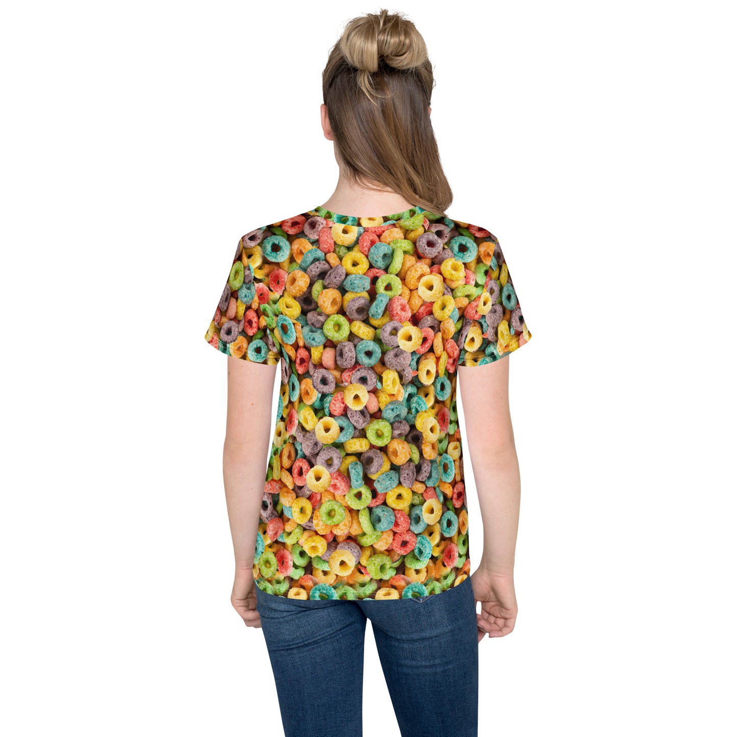 Teenage girl wearing fruity cereal hoops all over print T-shirt rear view