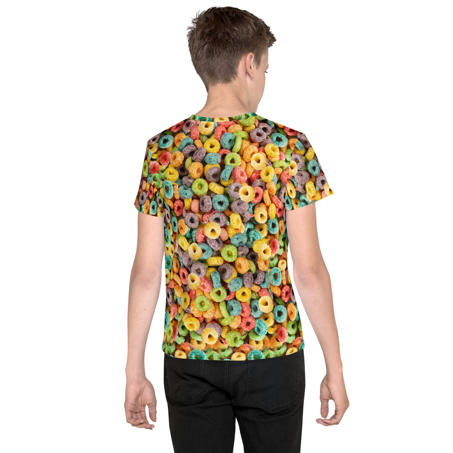 Teenage boy wearing fruity cereal hoops all over print T-shirt rear view