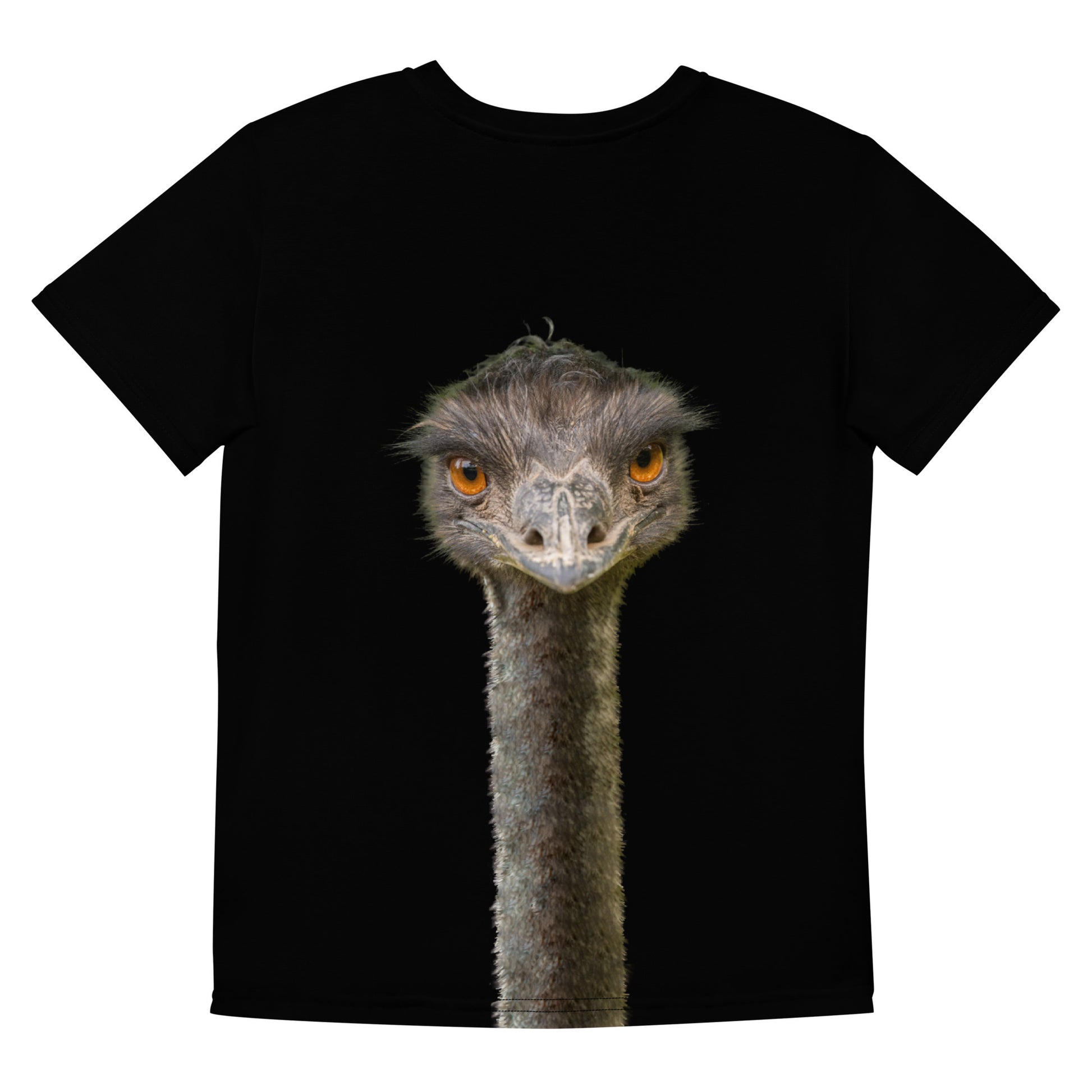 Black T-shirt with an Emus head and neck on the back and front, laid flat, rear view