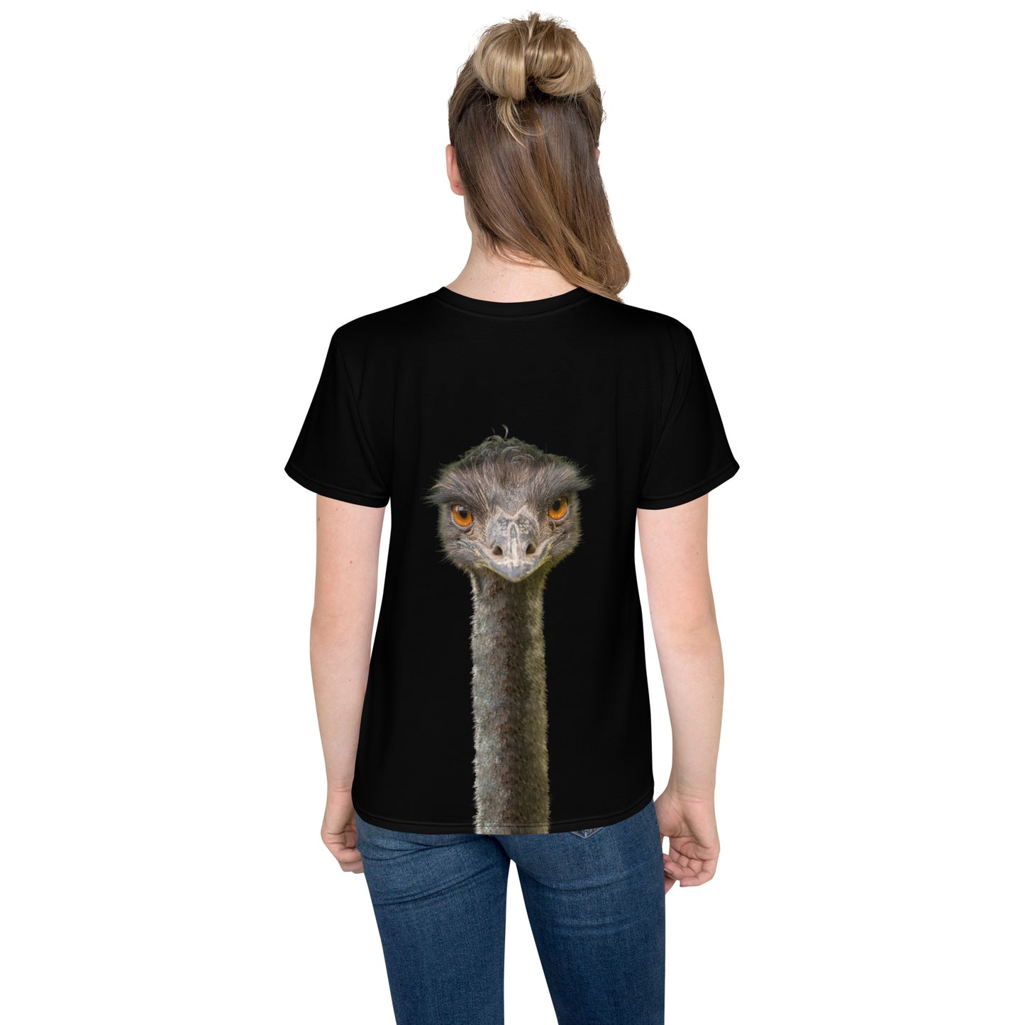 Teenage girl wearing a black T-shirt with an Emus head and neck on the back and front, rear view