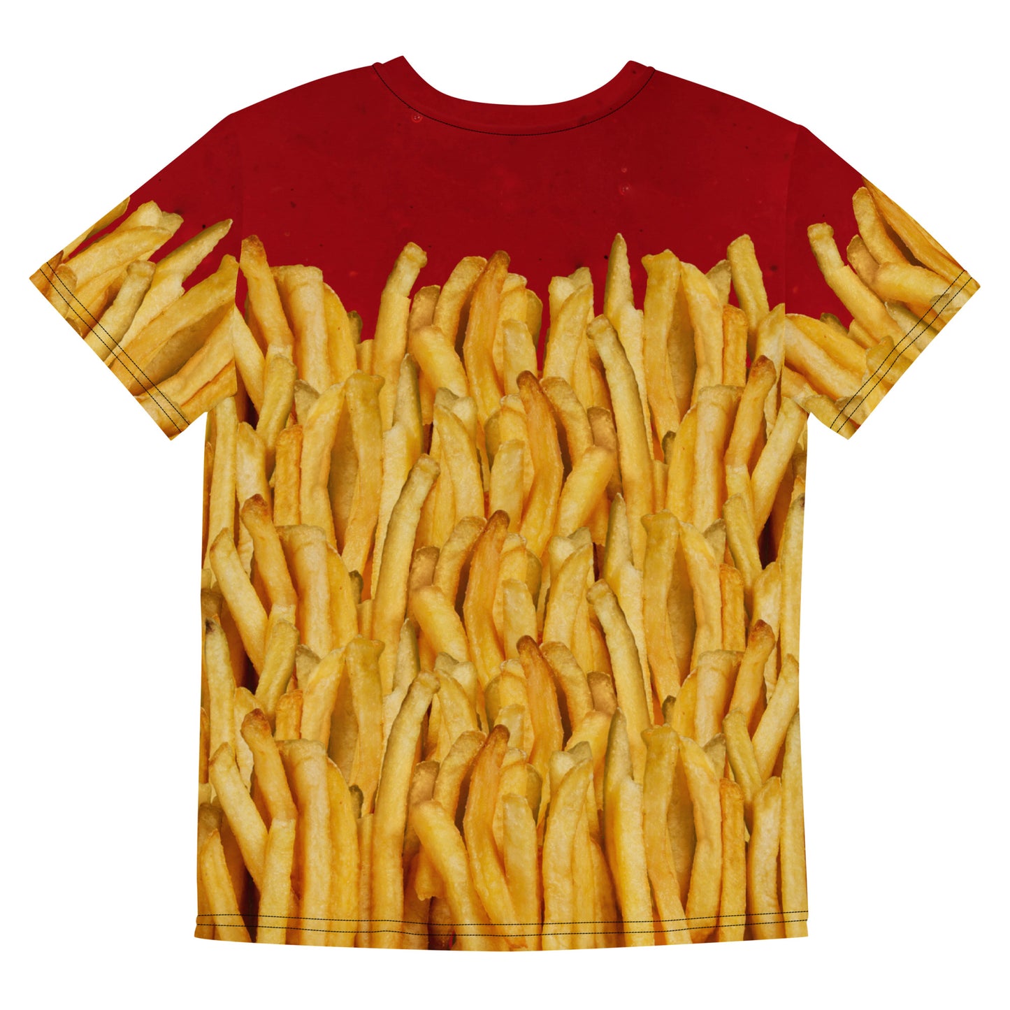 French fries and ketchup all over print T-shirt, laid flat, back.