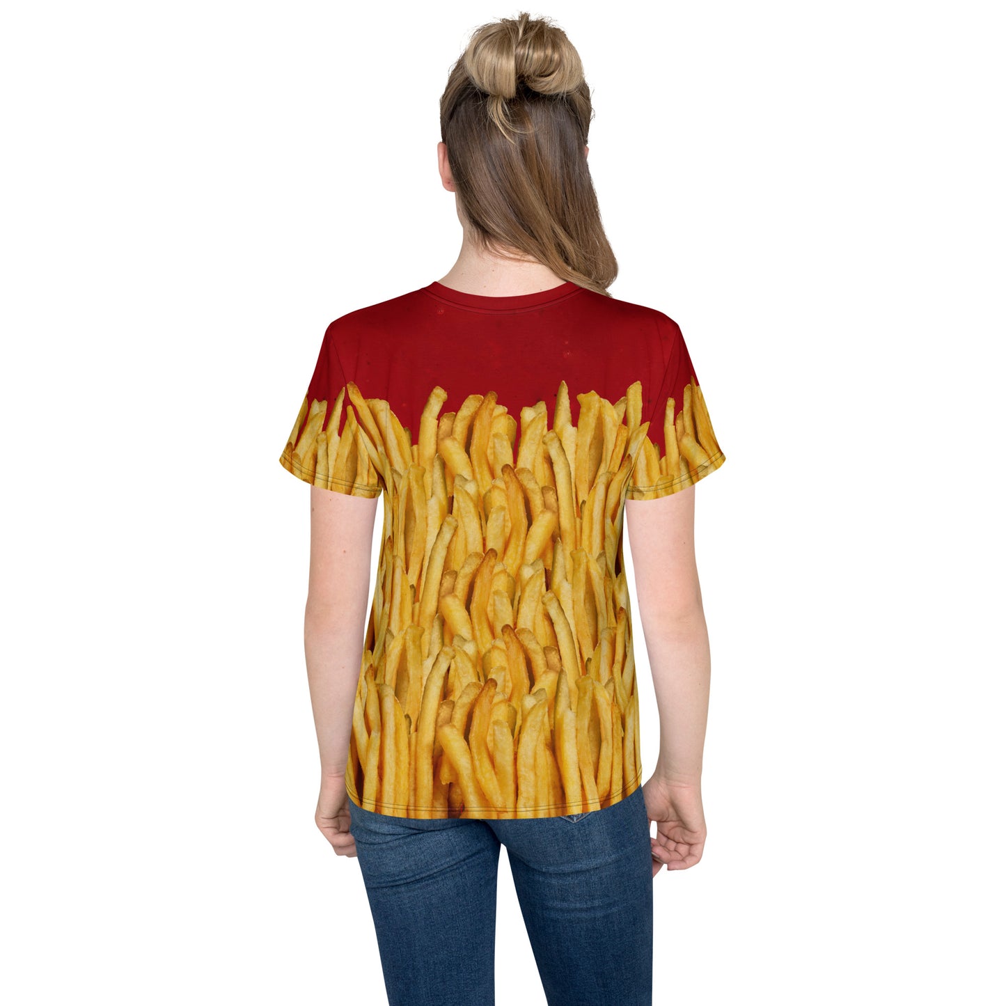 Teenage girl wearing a french fries and ketchup all over print T-shirt, rear view.