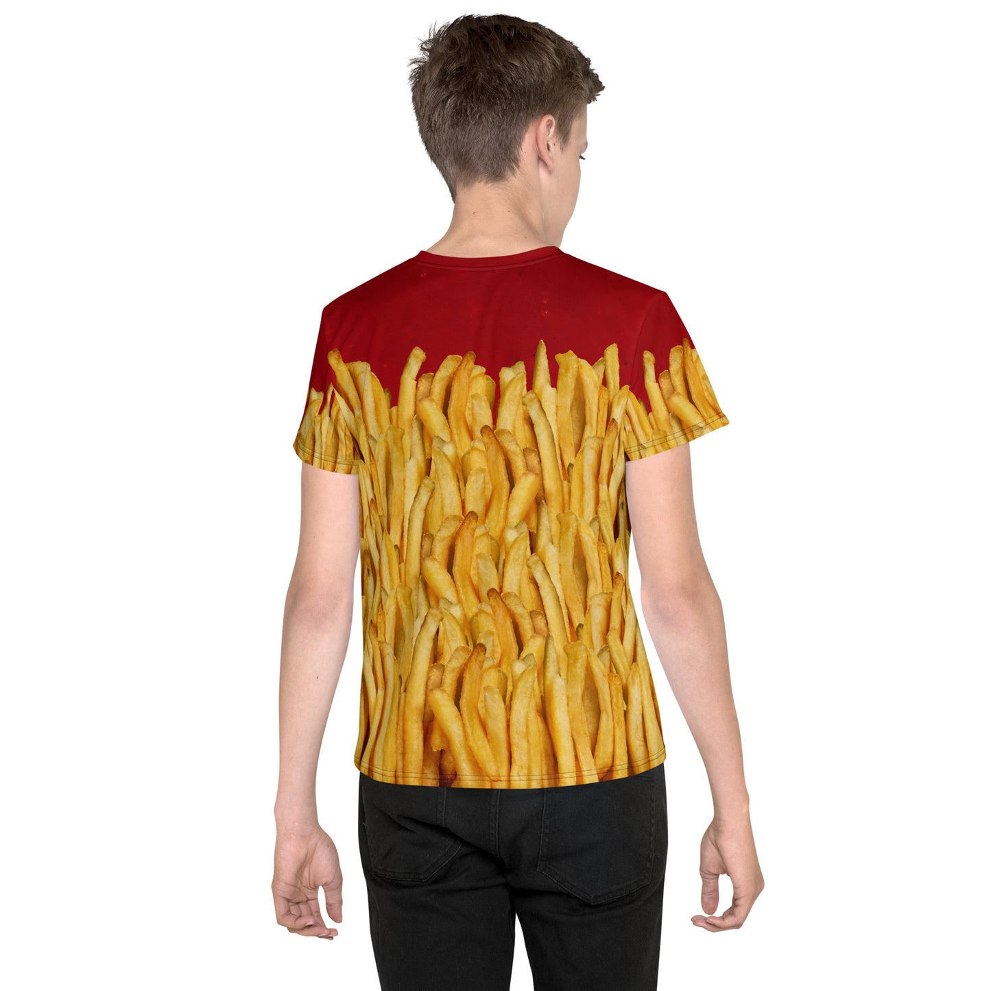 Teenage boy wearing a french fries and ketchup all over print T-shirt, rear view.