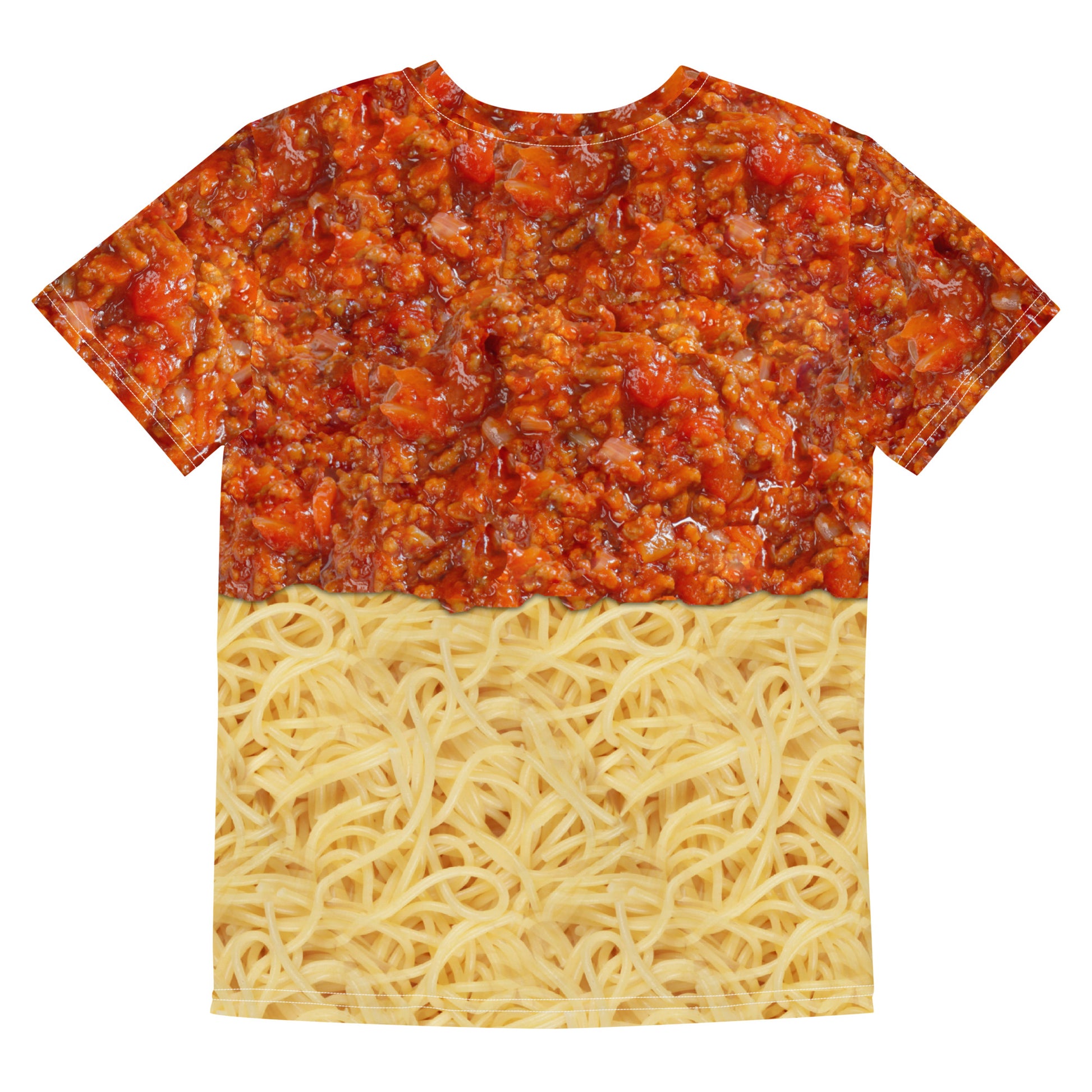 All over print spaghetti bolognese T-shirt with bolognese layered on top of the spaghetti,, laid flat, back.