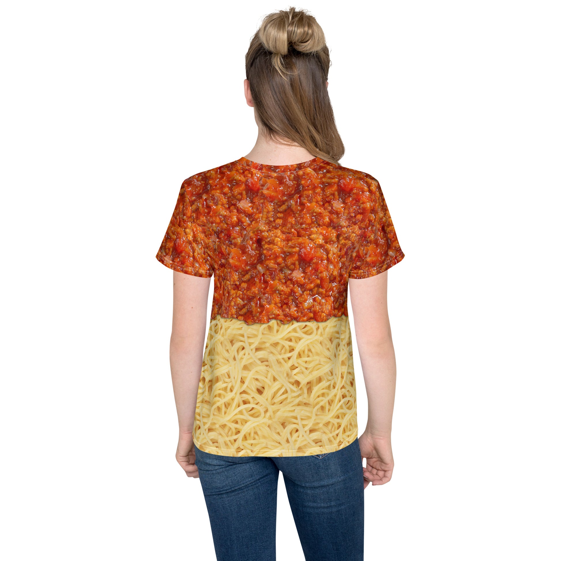 Teenage girl wearing an all over print spaghetti bolognese T-shirt with bolognese layered on top of the spaghetti, rear view.