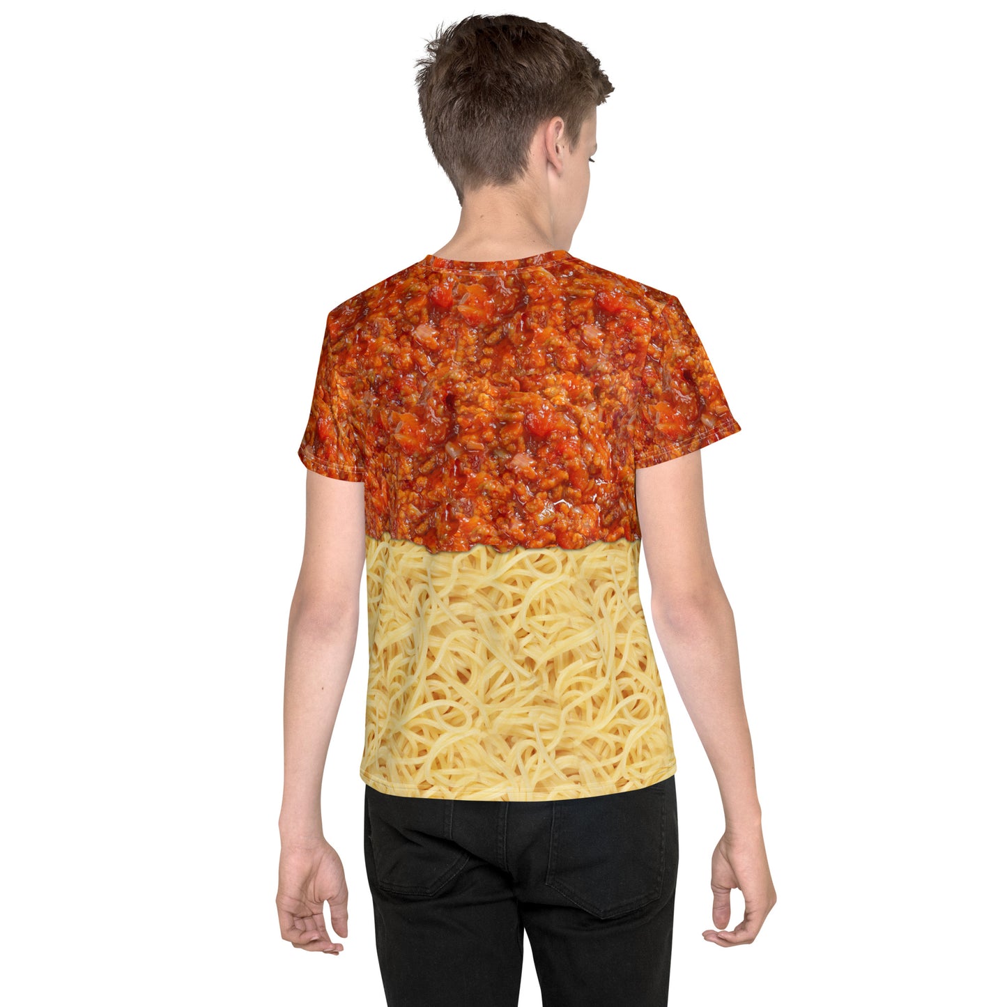 Teenage boy wearing an all over print spaghetti bolognese T-shirt with bolognese on top of the spaghetti, rear view.