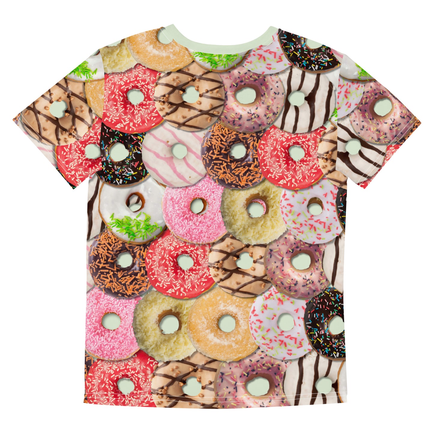 Colourful iced doughnuts all over print T-shirt, laid flat, back.