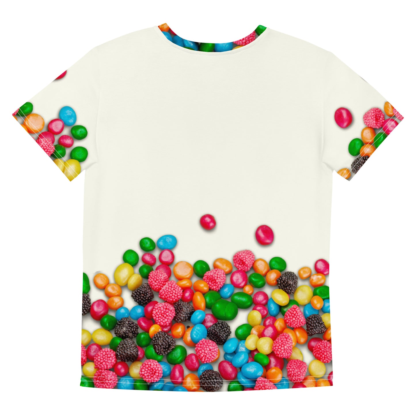 Sweet as candy sugar high all over print t-shirt, laid flat, back.