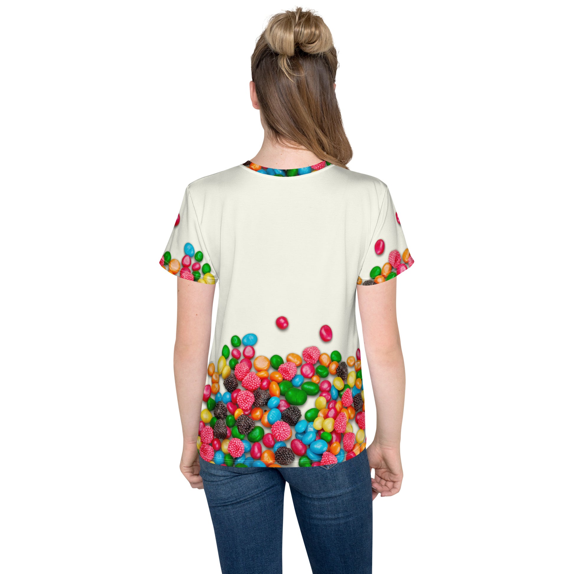 teenage girl wearing sweet as candy sugar high all over print t-shirt, rear view.