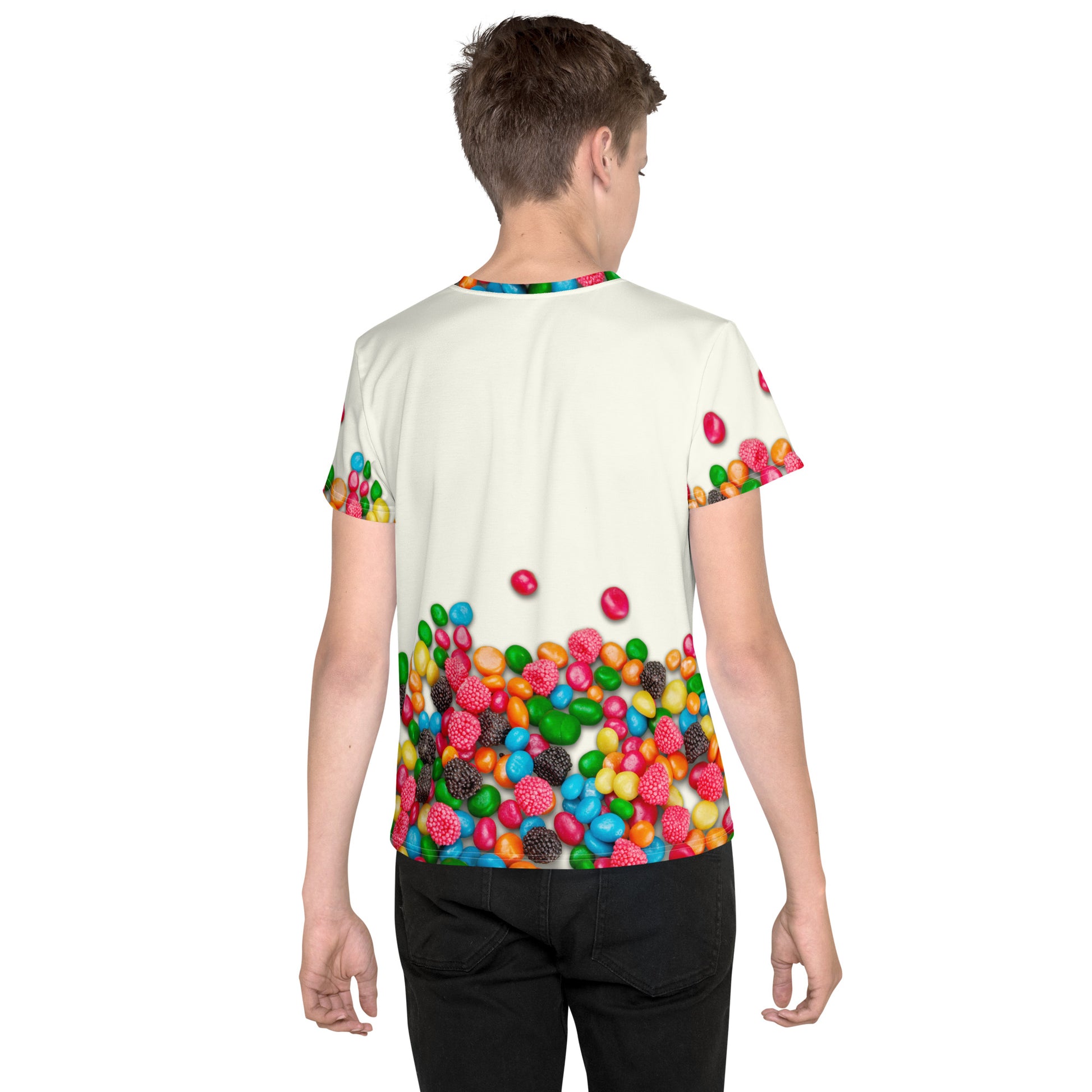 teenage boy wearing sweet as candy sugar high all over print t-shirt, rear view