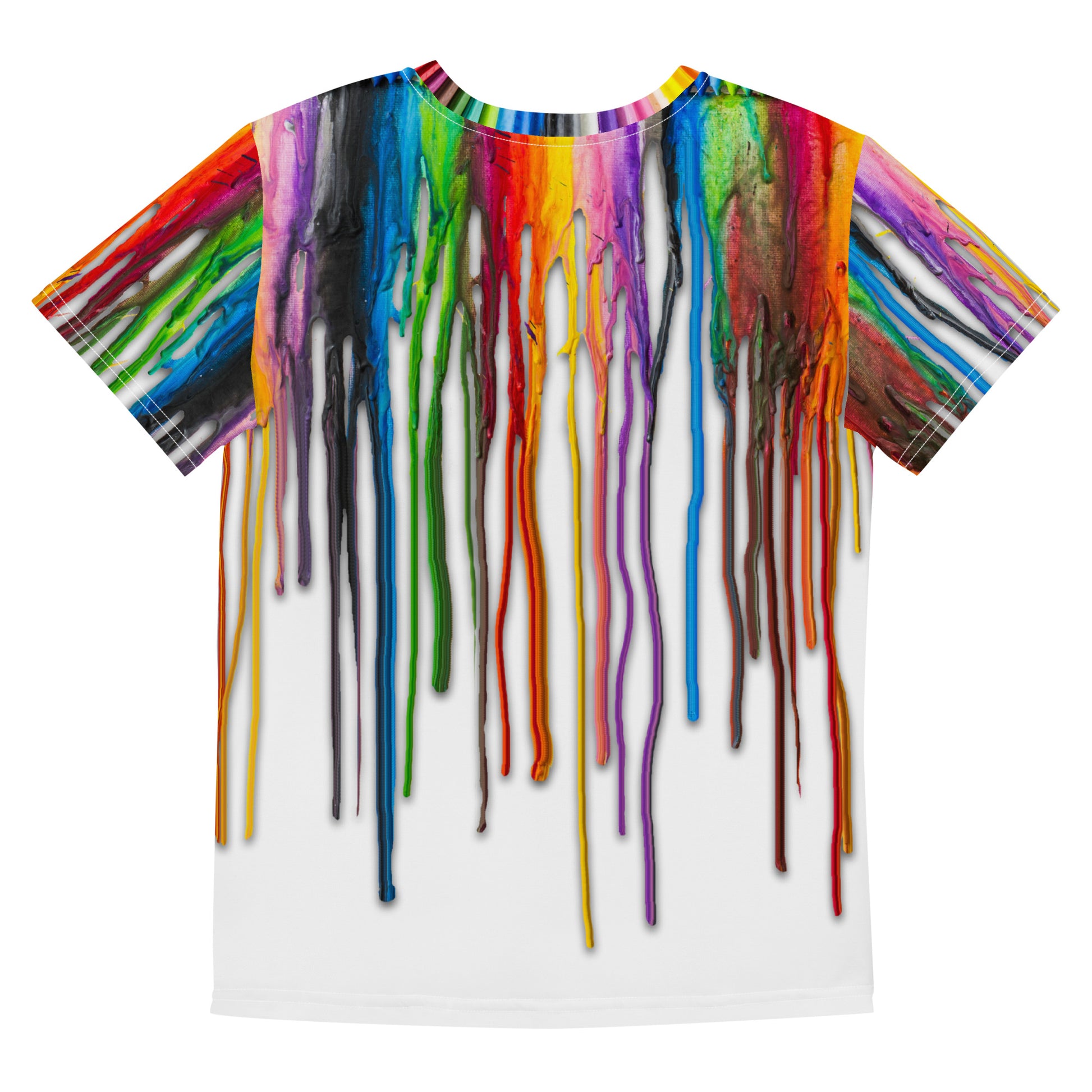 All over print Melted Crayons Dripping down the shirt T-shirt, laid flat, back.