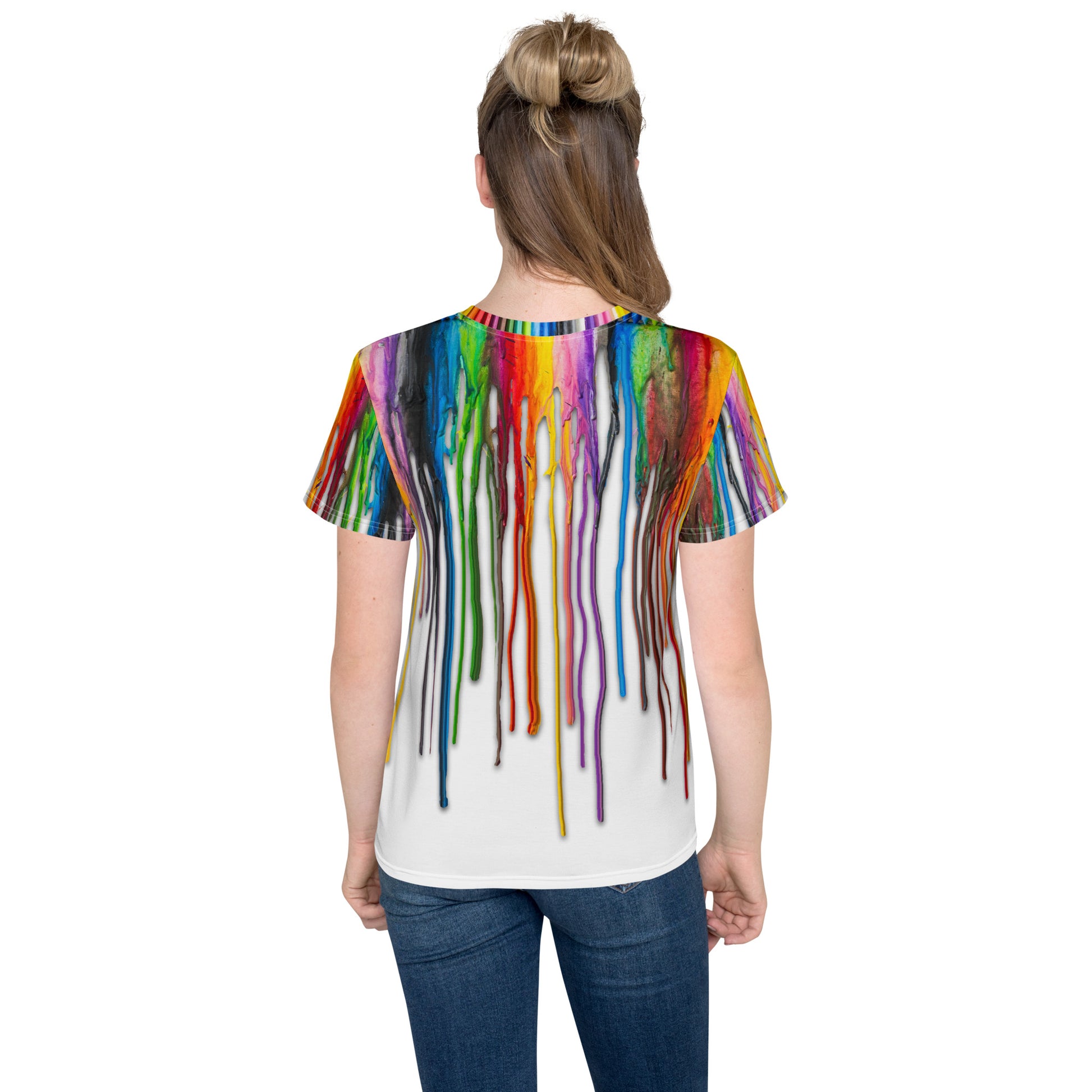 Teenage girl wearing an all over print Melted Crayons Dripping down the shirt T-shirt, rear view.