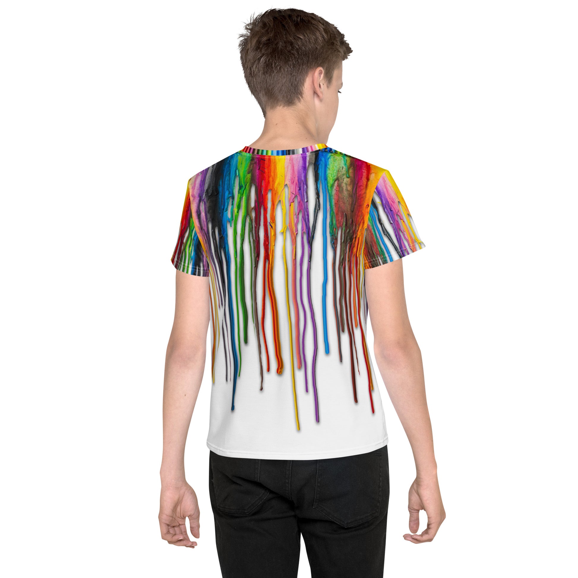 Teenage boy wearing an all over print Melted Crayons Dripping down the shirt T-shirt, rear view.