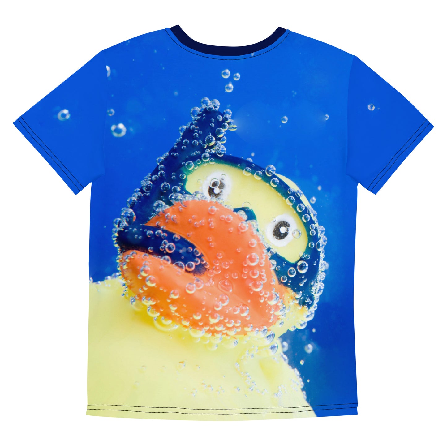 All over print Rubber Duck Snorkelling Underwater T-shirt, laid flat, back of shirt.