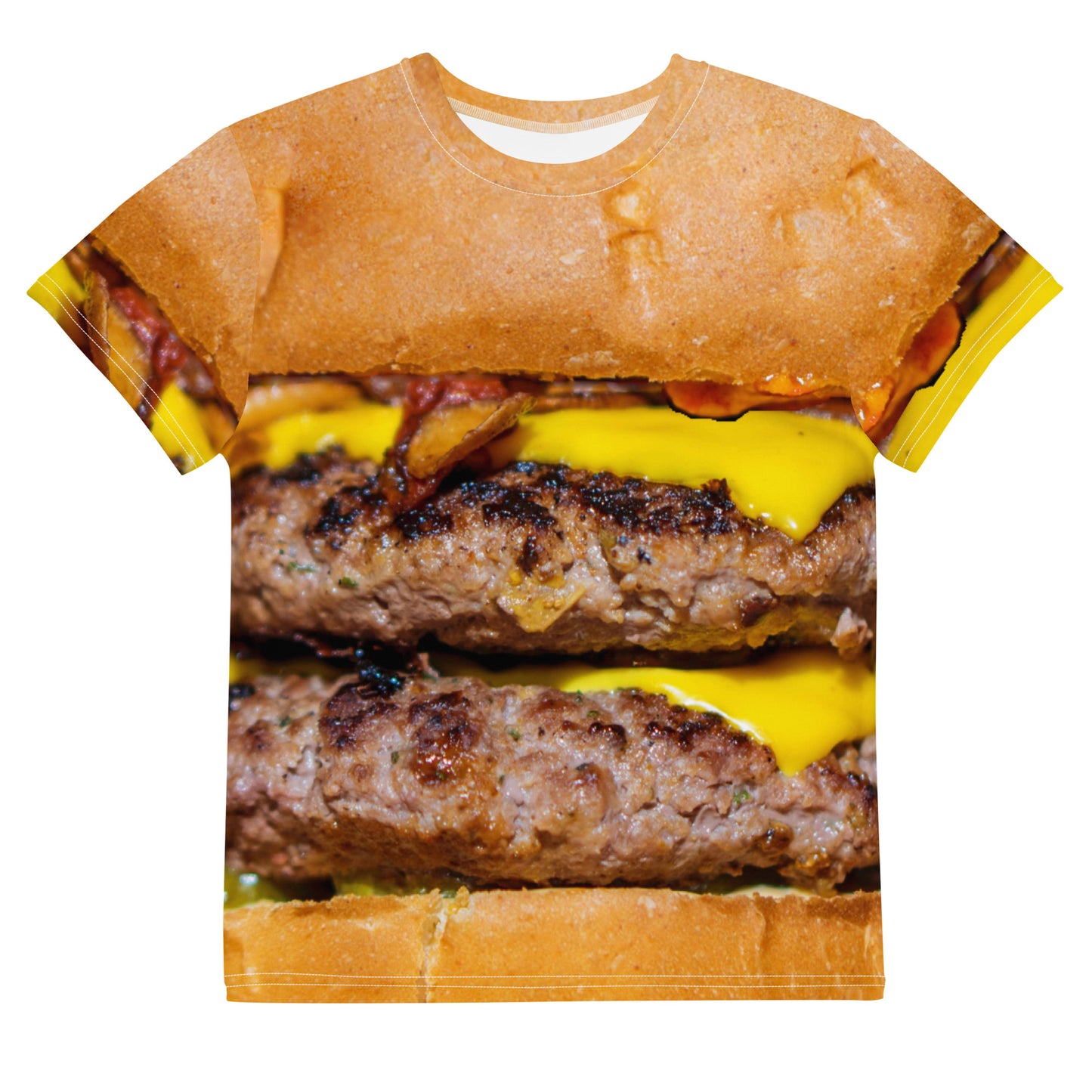 Cheeseburger all over print T-shirt, laid flat, front view