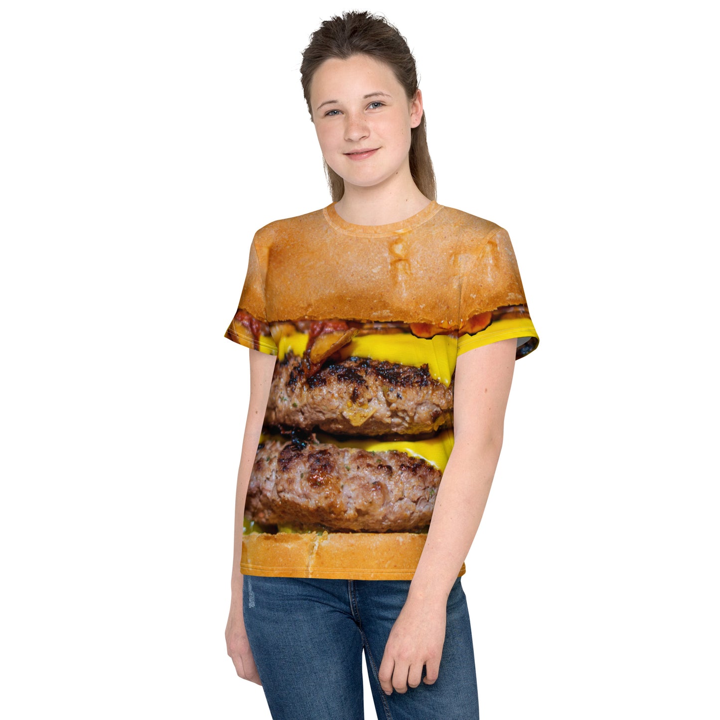 Teenage girl wearing Cheeseburger all over print T-shirt, front view