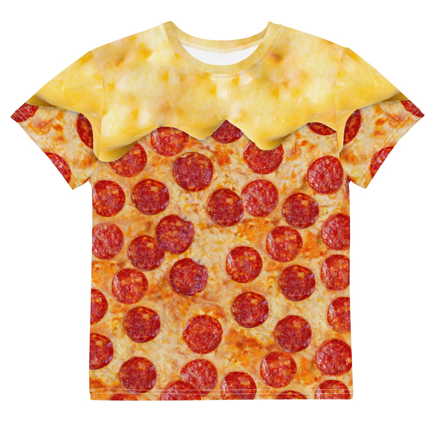 Pepperoni pizza all over print t-shirt with cheese melting over the shoulders, laid flat, front