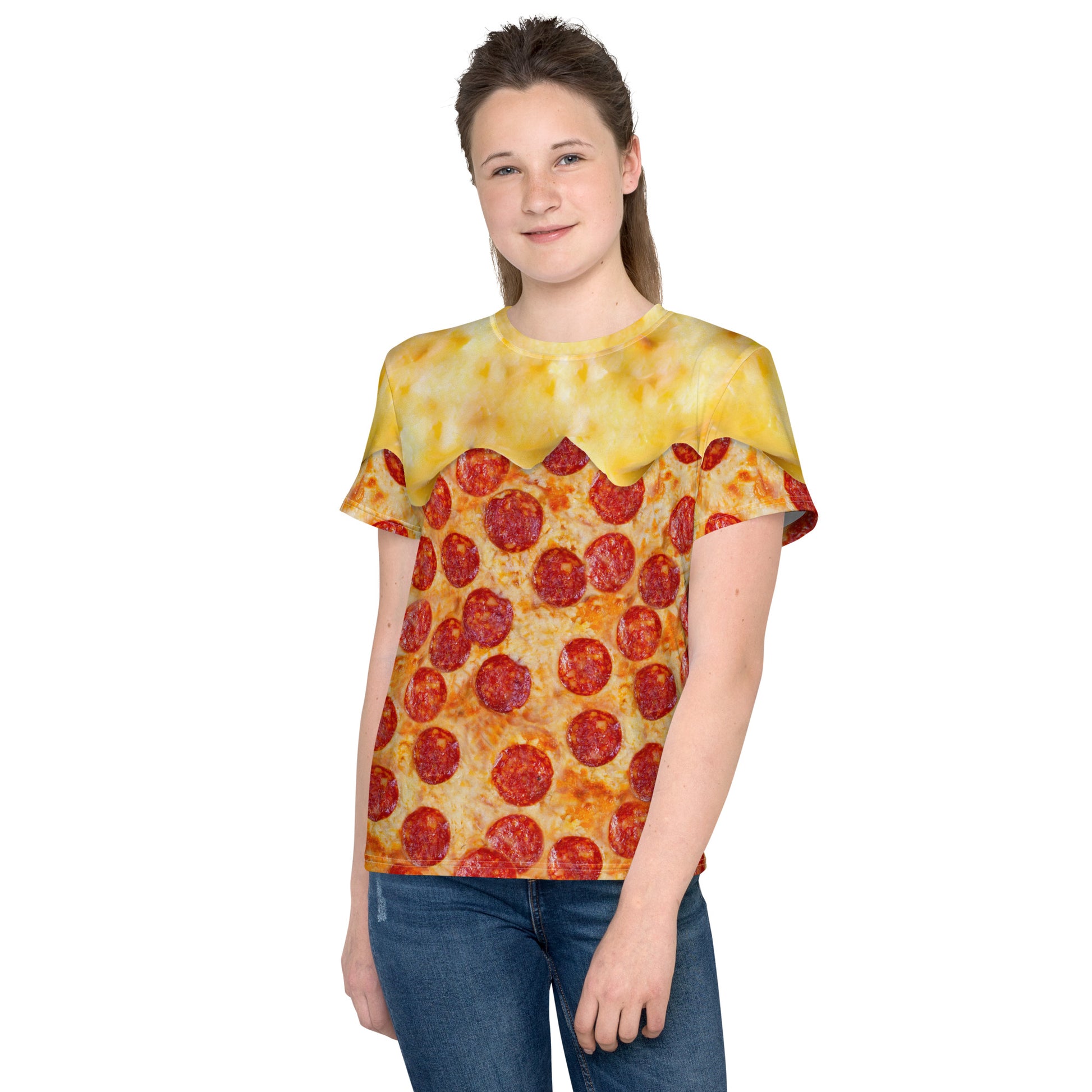 Pepperoni pizza all over print t-shirt with cheese melting over the shoulders, teenage girl model, front