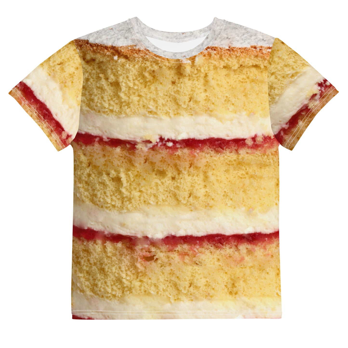 Youth Victoria Sponge Cake layers all over print T-shirt laid flat front view