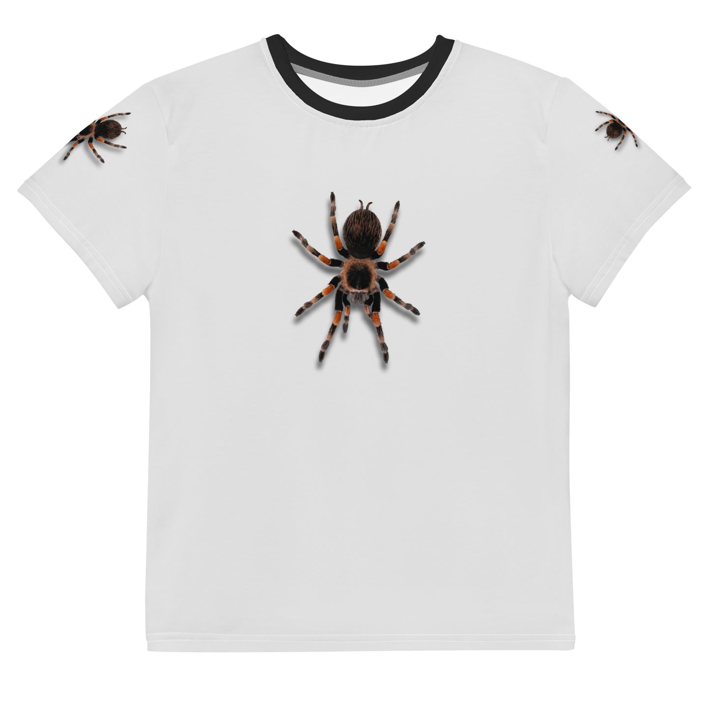 3D monochrome white Tarantula spider T-shirt with black collar, laid flat, front view.