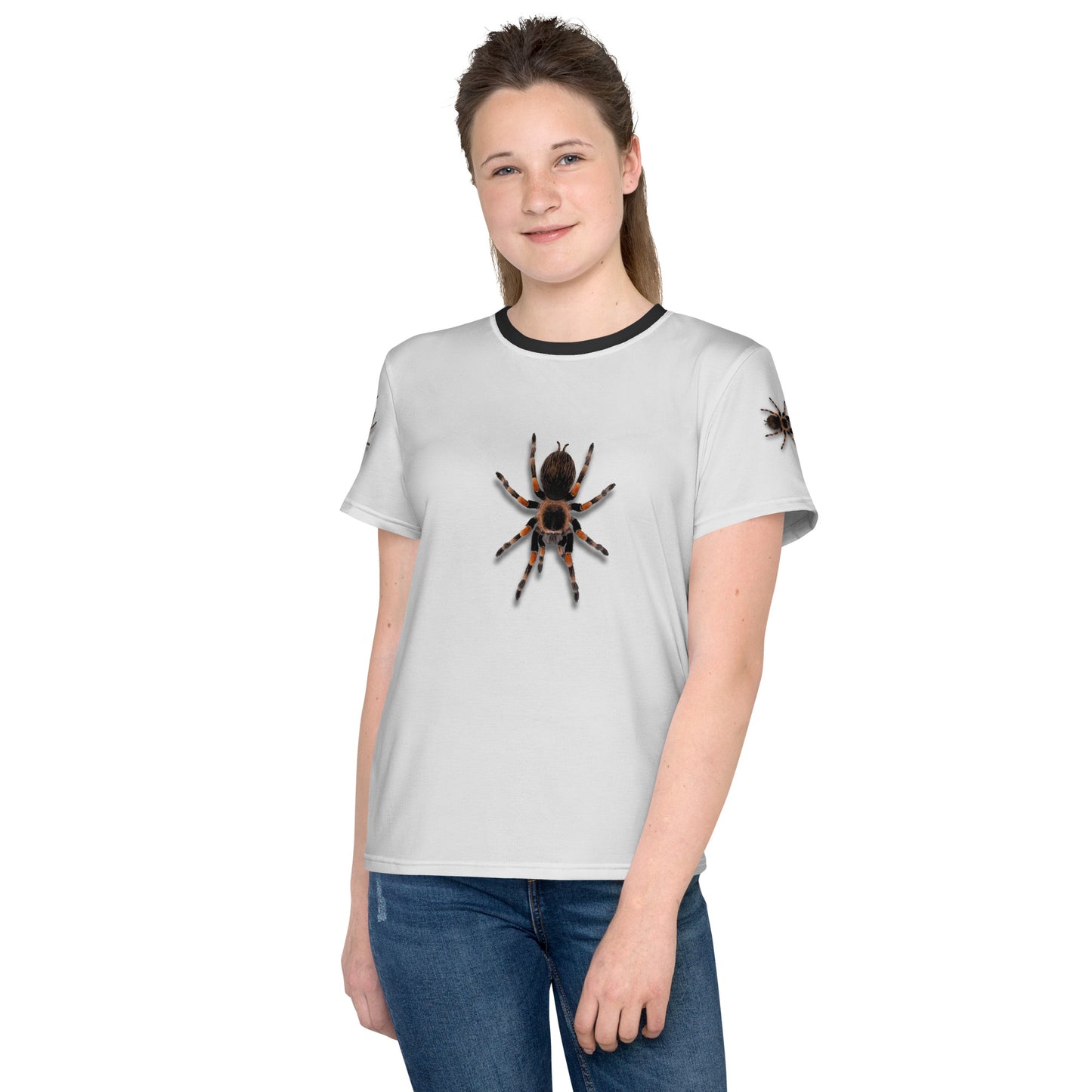 Teenage girl wearing a 3D Tarantula spider T-shirt, facing forwards