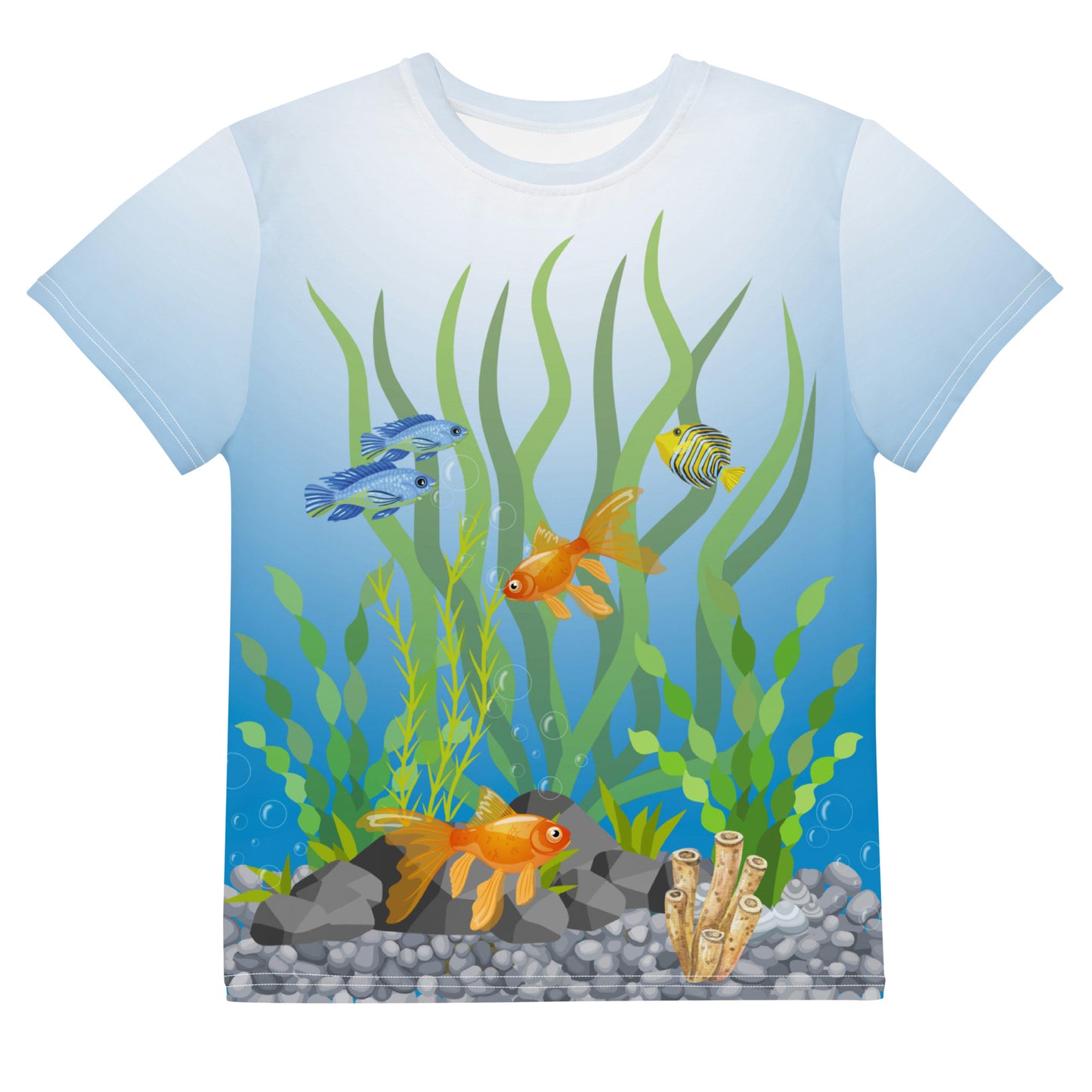 All over print tropical fish aquarium scene T-shirt, laid flat, front view.