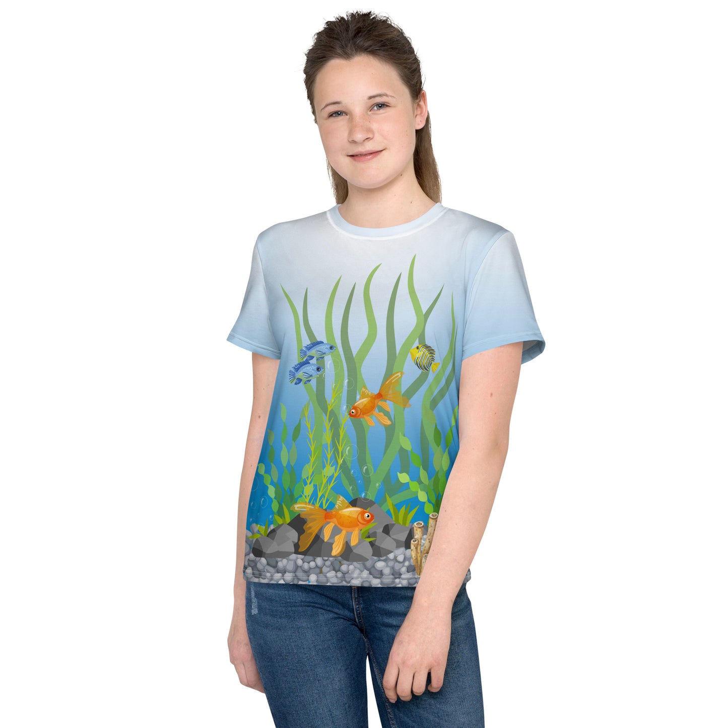 Teenage girl wearing an all over print tropical fish aquarium scene T-shirt, facing forwards.