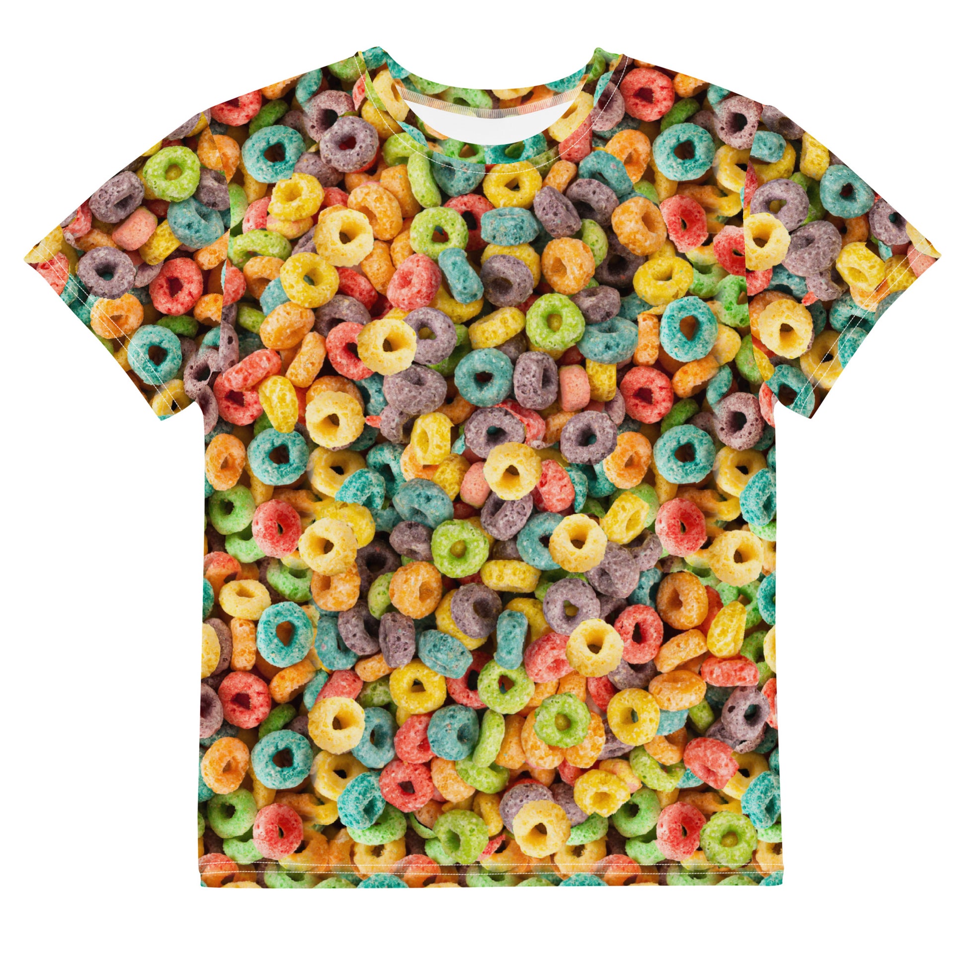 Fruity cereal hoops all over print T-shirt front view laid flat