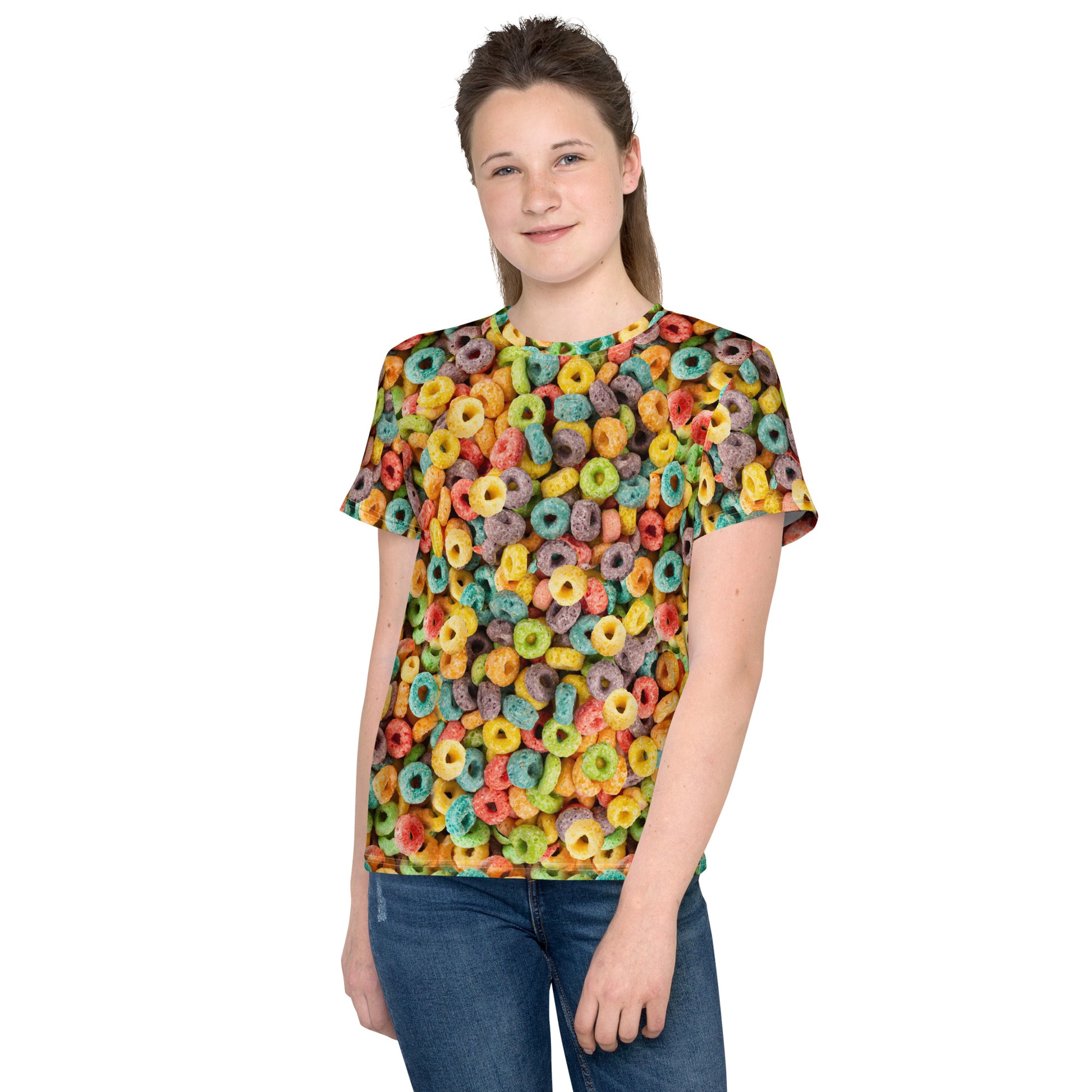 Teenage girl wearing fruity cereal hoops all over print T-shirt front view