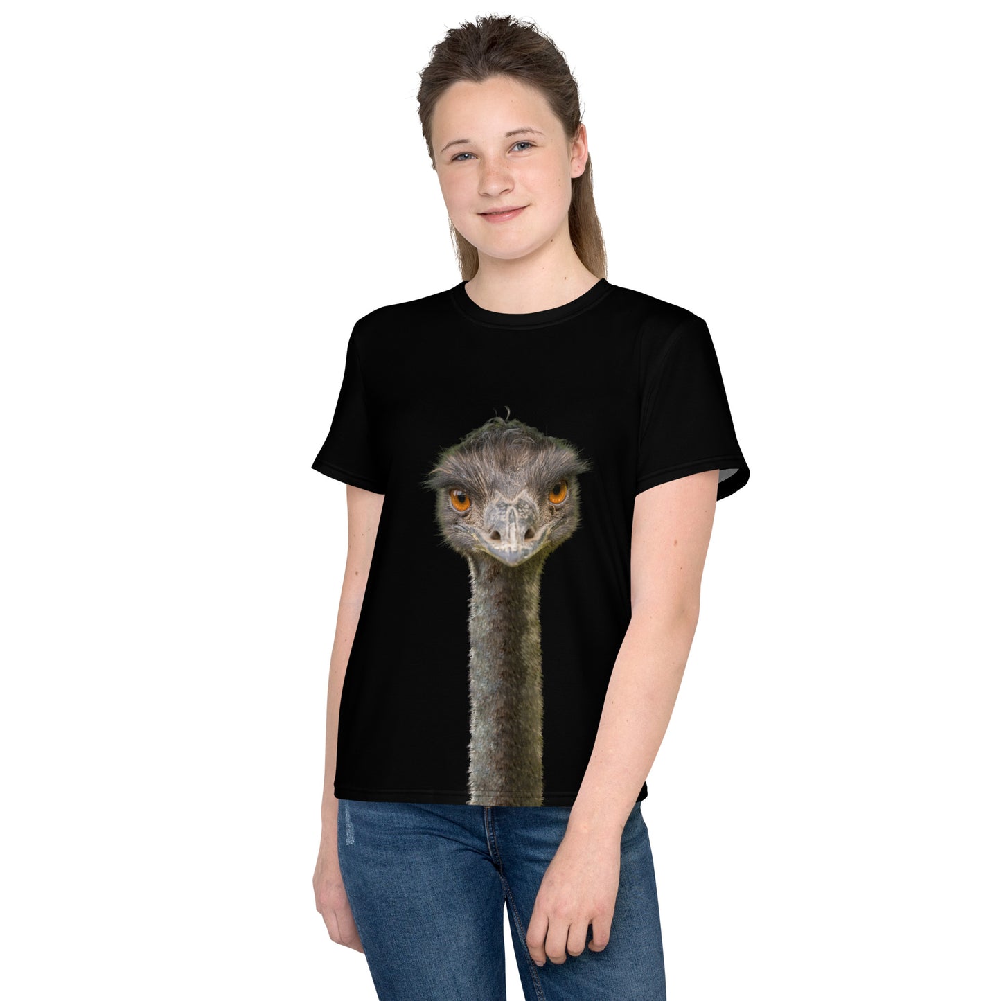 Teenage girl wearing a black T-shirt with an Emus head and neck on the back and front, facing forward