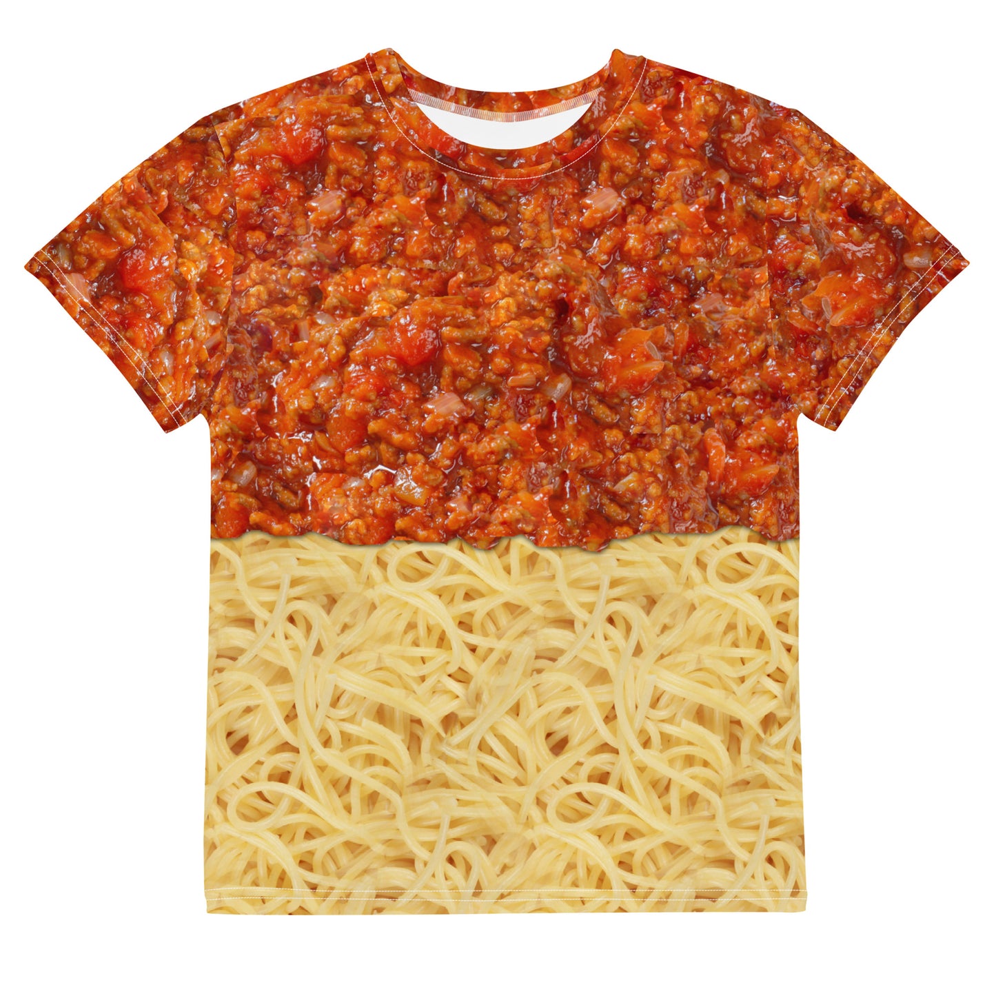 All over print spaghetti bolognese T-shirt with bolognese layered on top of the spaghetti, laid flat, front.