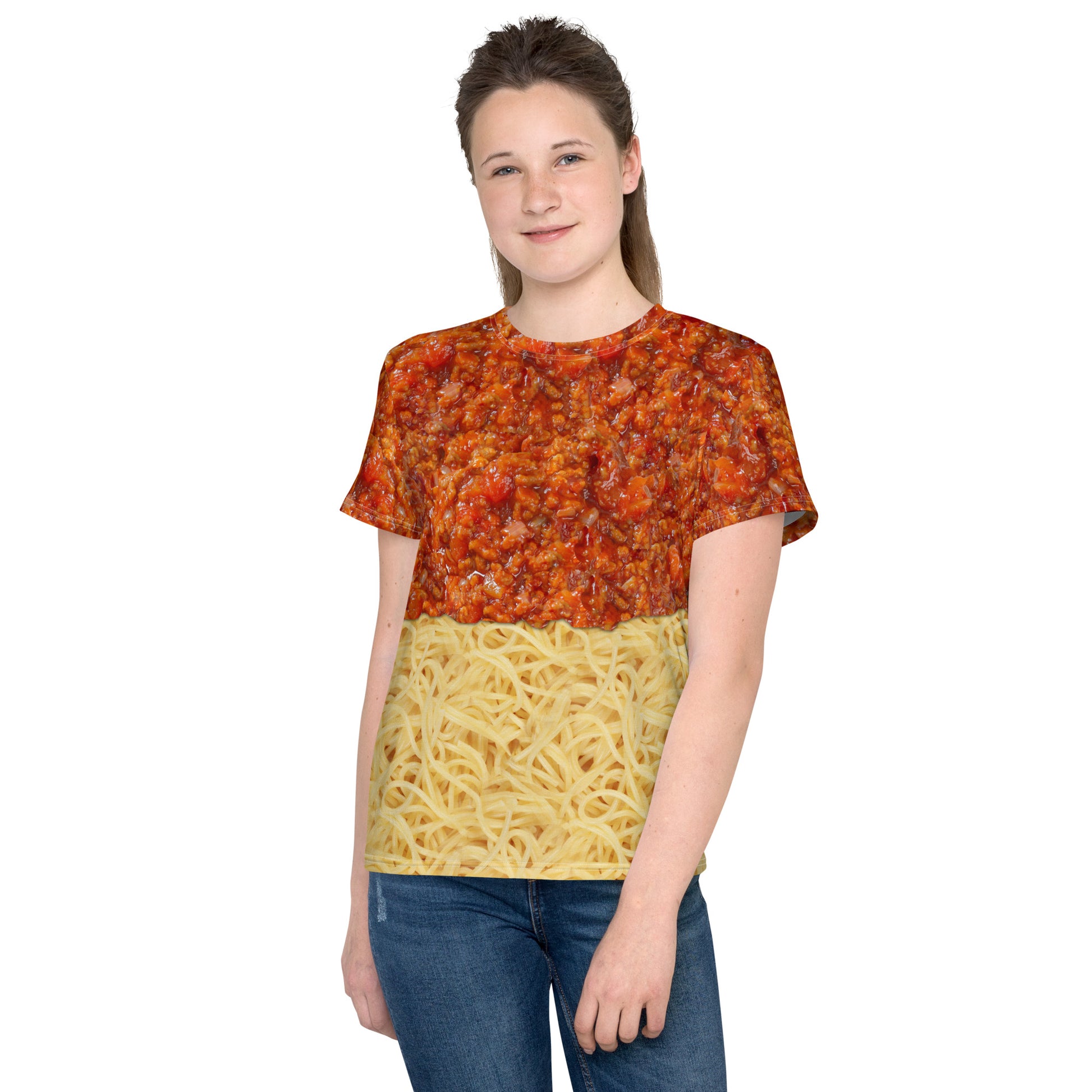 Teenage girl wearing an all over print spaghetti bolognese T-shirt with bolognese layered on top of the spaghetti, facing front.