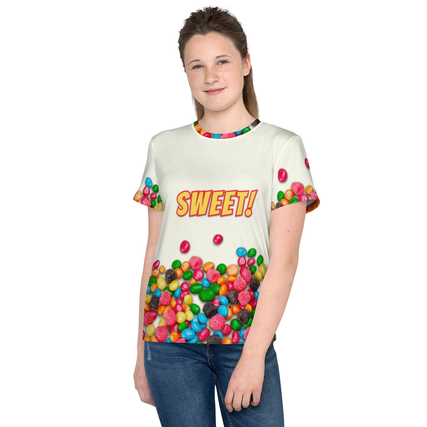 teenage girl wearing sweet as candy sugar high all over print t-shirt, facing forwards