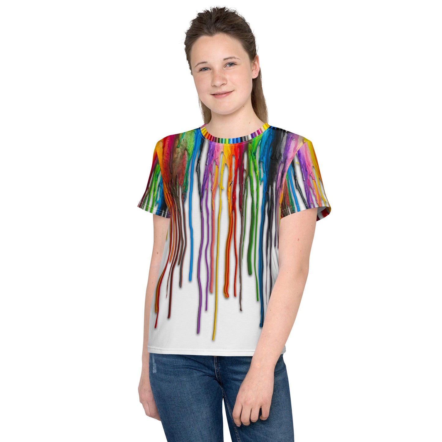 Teenage girl wearing an all over print Melted Crayons Dripping down the shirt T-shirt, facing forward.