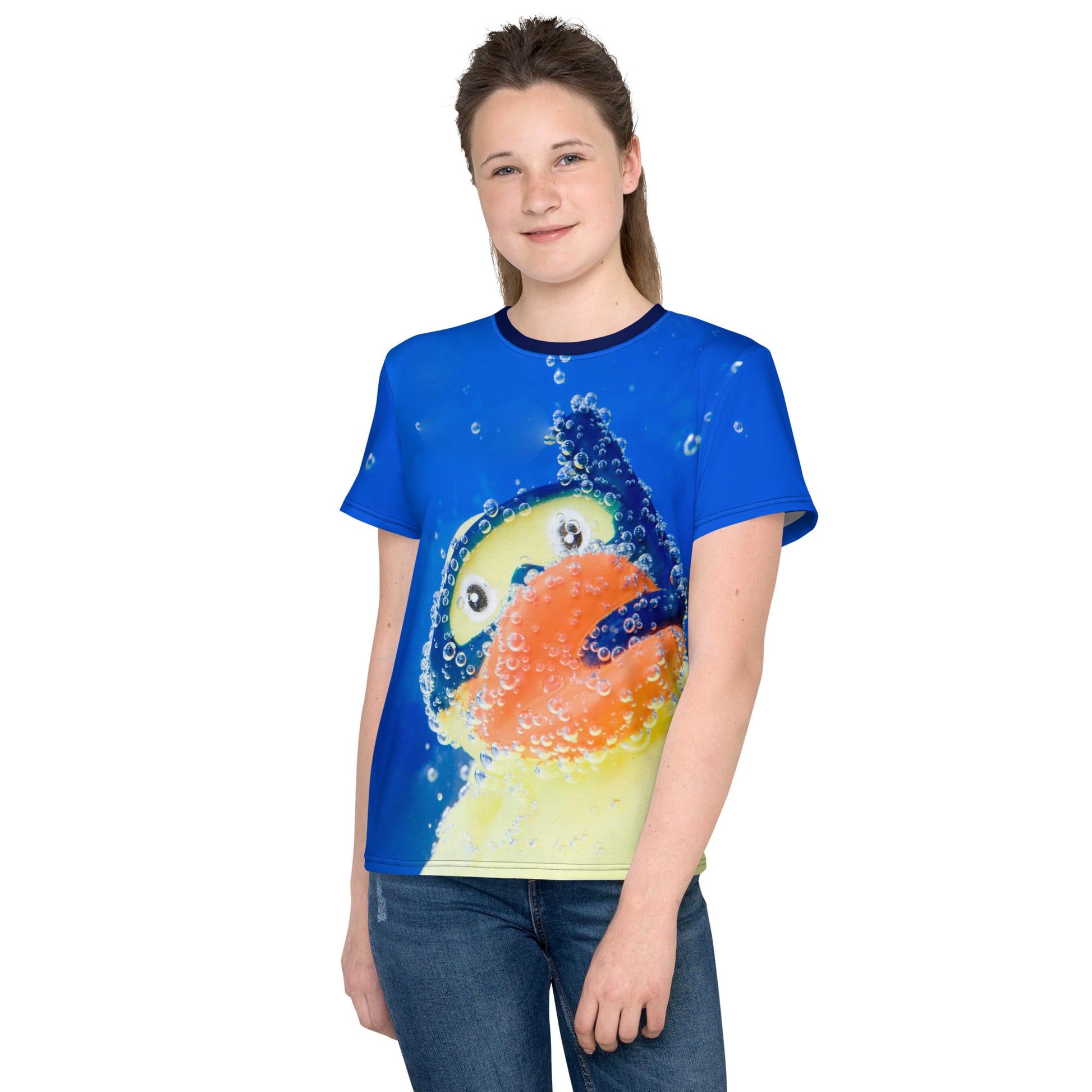 Teenage girl wearing an All over print Rubber Duck Snorkelling Underwater T-shirt, front.