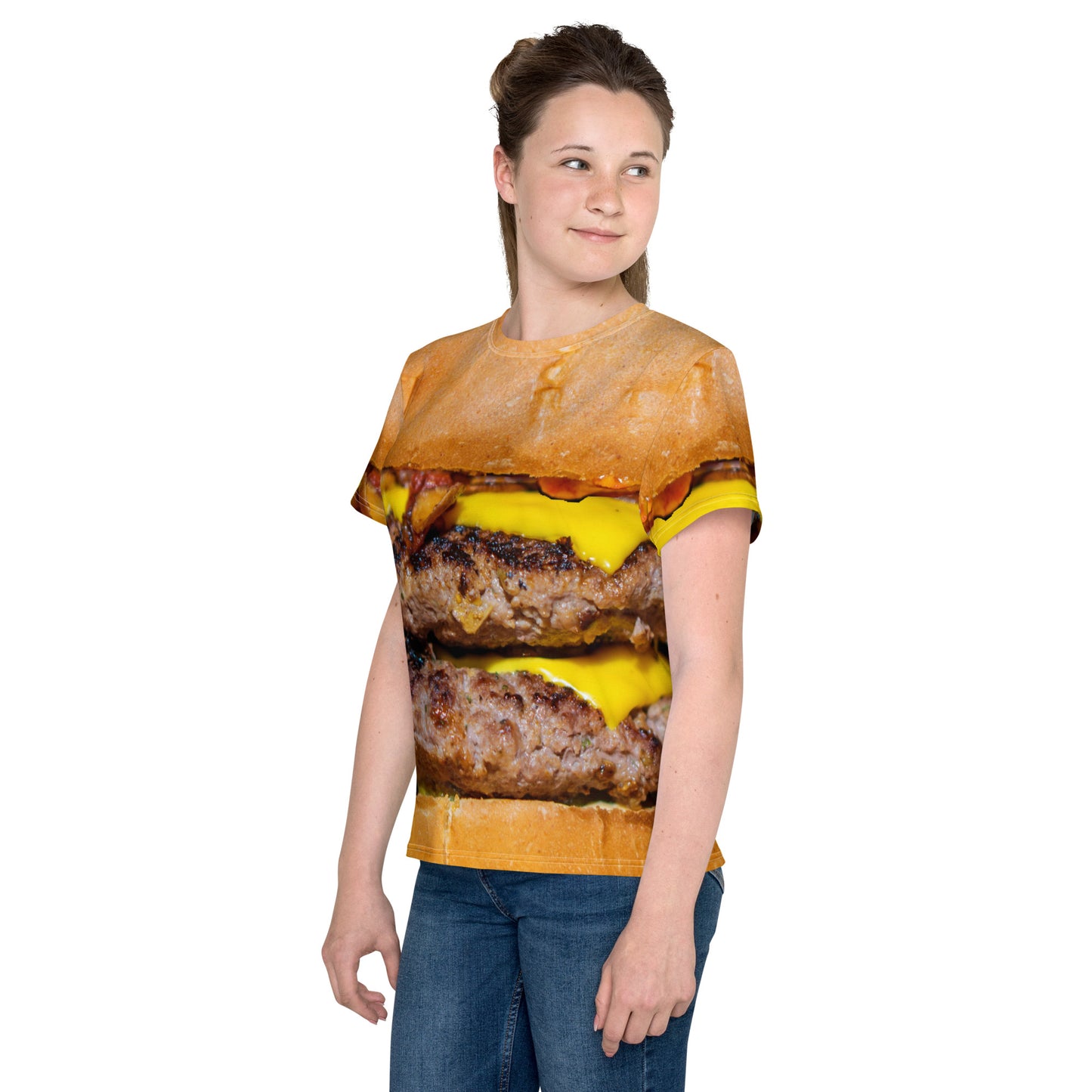 Teenage girl wearing Cheeseburger all over print T-shirt, left front view